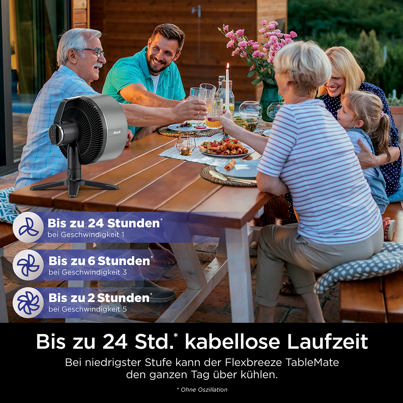 Rodzina cieszy się spotkaniem na świeżym powietrzu. Wentylator stoi na stole. Ludzie wznoszą toasty i jedzą. Obecne są kwiaty i jedzenie.