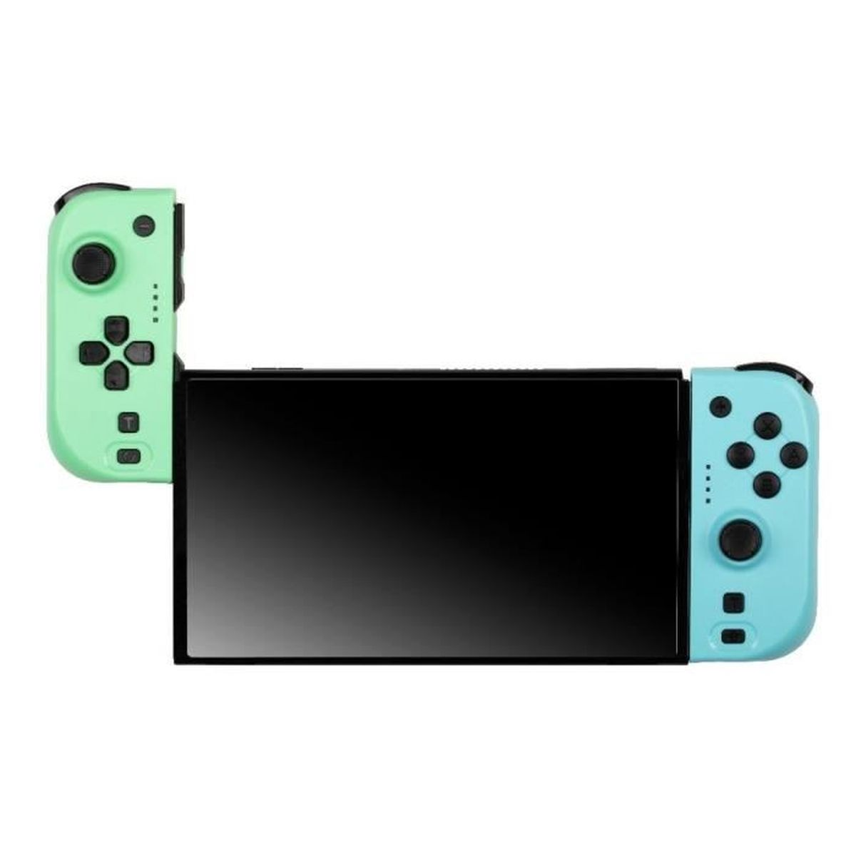 Konsola Nintendo Switch jest pokazana, z czarnym ekranem i jasno niebieskimi i zielonymi Joy-Conami. Przyciski są widoczne na kontrolerach.