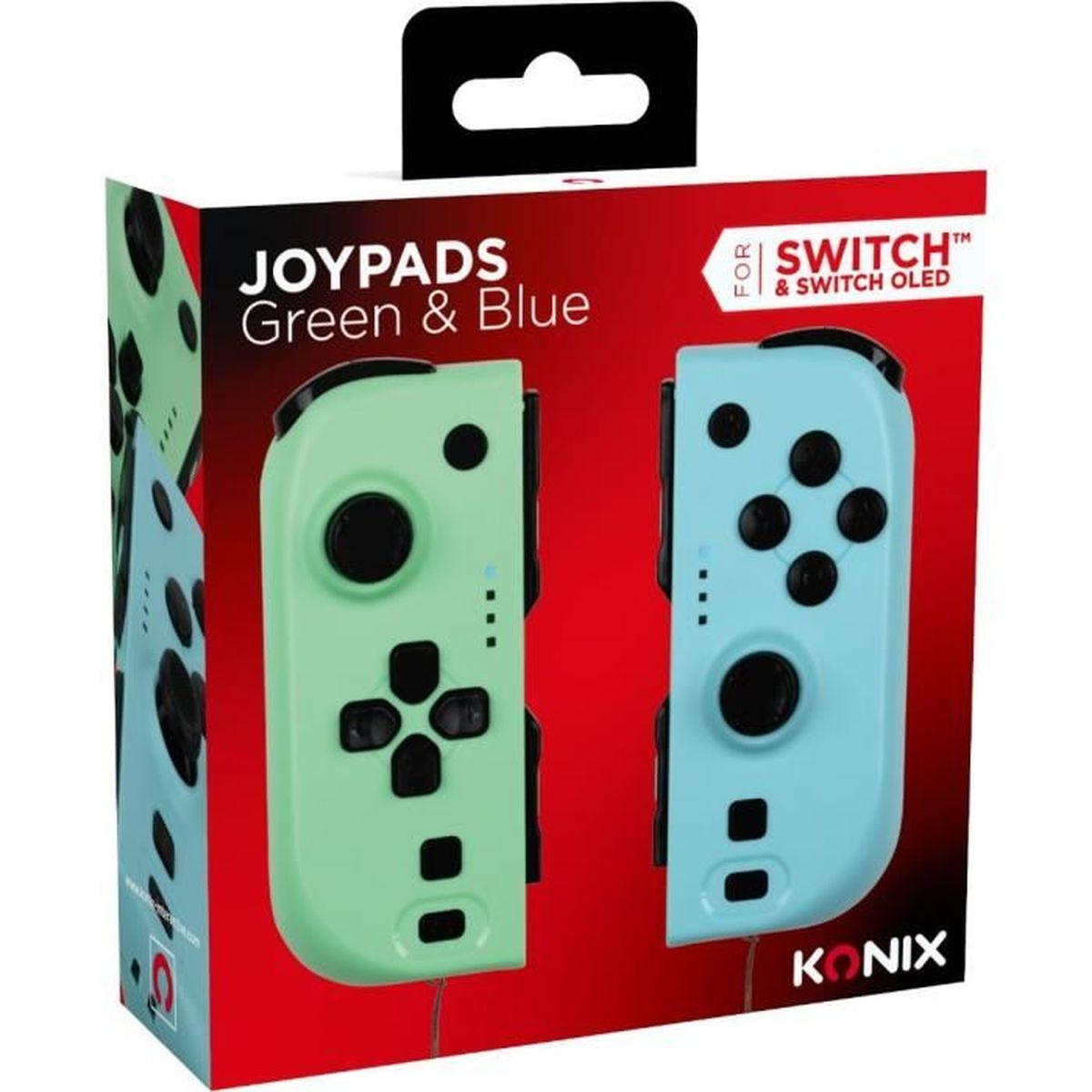 Pudełko przedstawia zielone i niebieskie joypady do Nintendo Switch. Tekst brzmi 'JOYPADS Green & Blue' i 'SWITCH'.