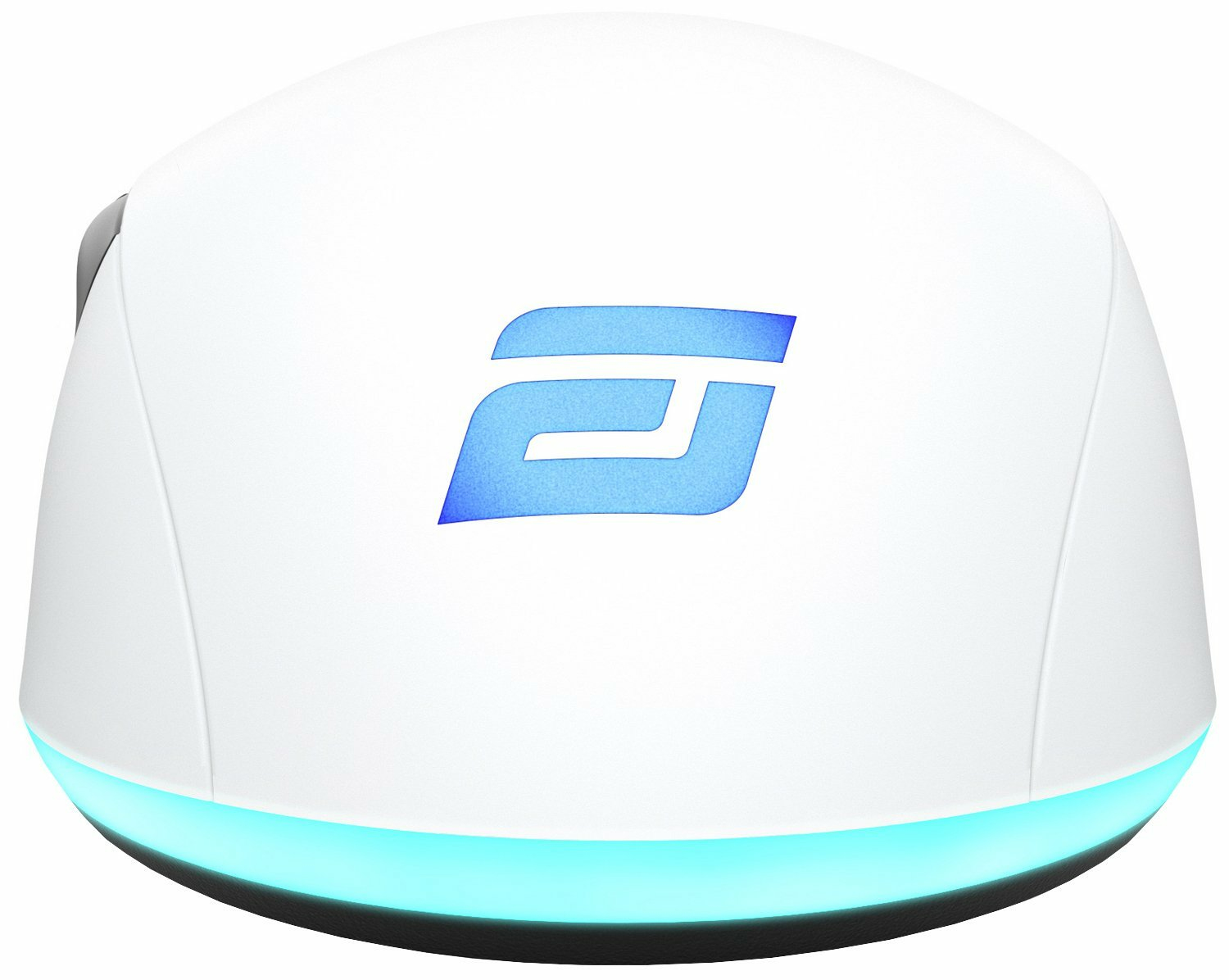 Biała mysz gamingowa z niebieskim logo i niebieskim światłem u dołu. Ma elegancki design i czarną podstawę.