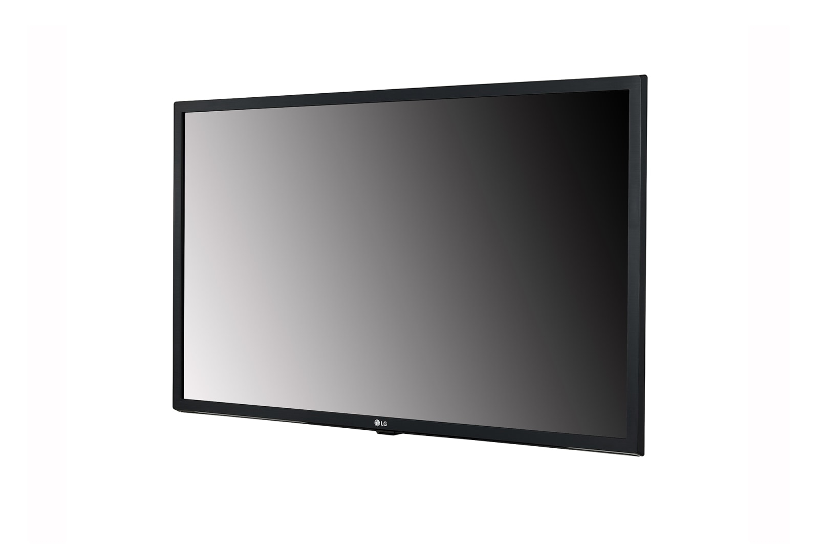 Une grande télévision LG à cadre noir. L'écran est éteint, affichant un dégradé de gris clair à gris foncé. Le fond est blanc.