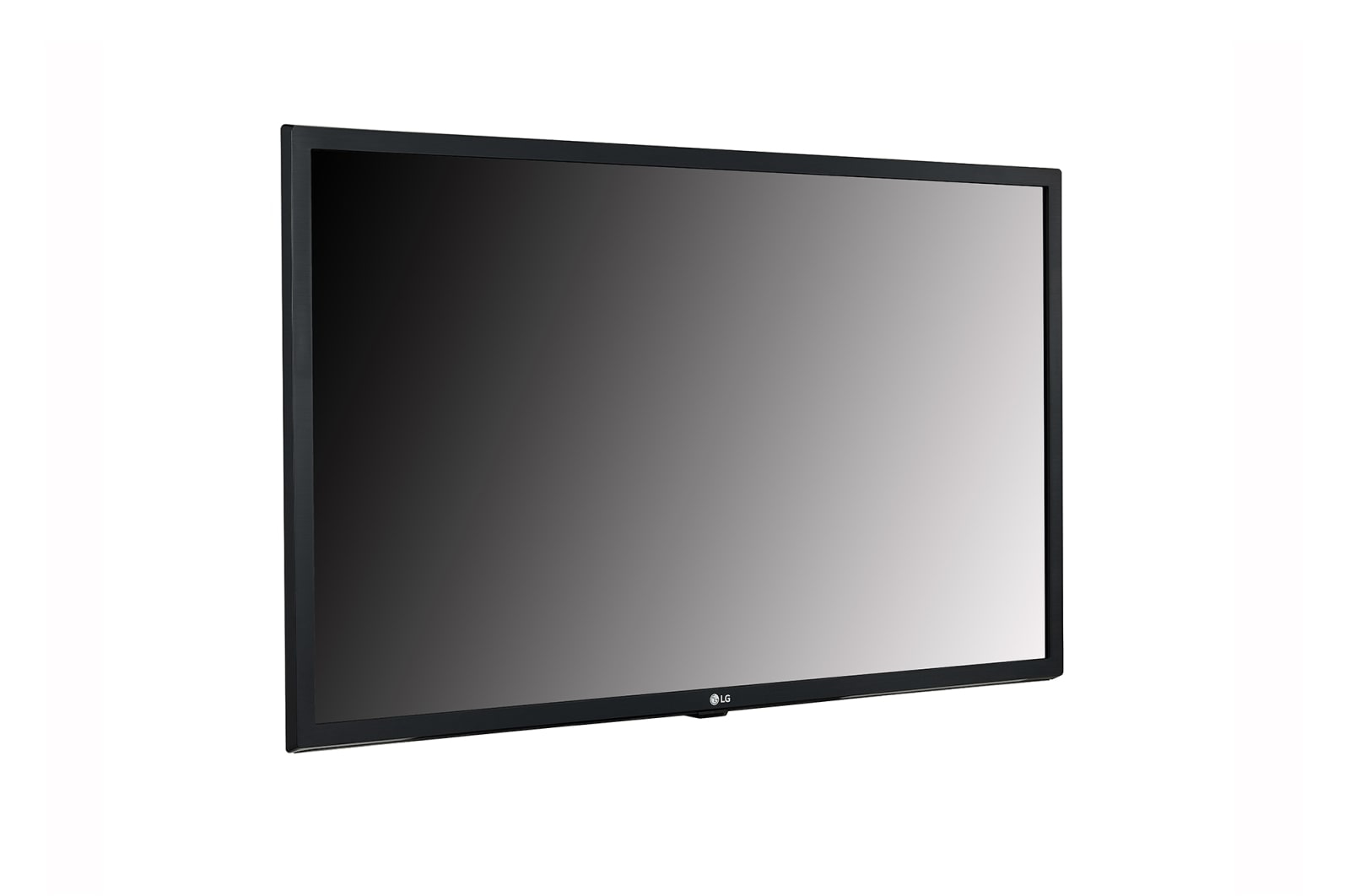 Une grande télévision à écran plat, rectangulaire, avec cadre noir. L'écran affiche un dégradé de gris foncé à gris clair.