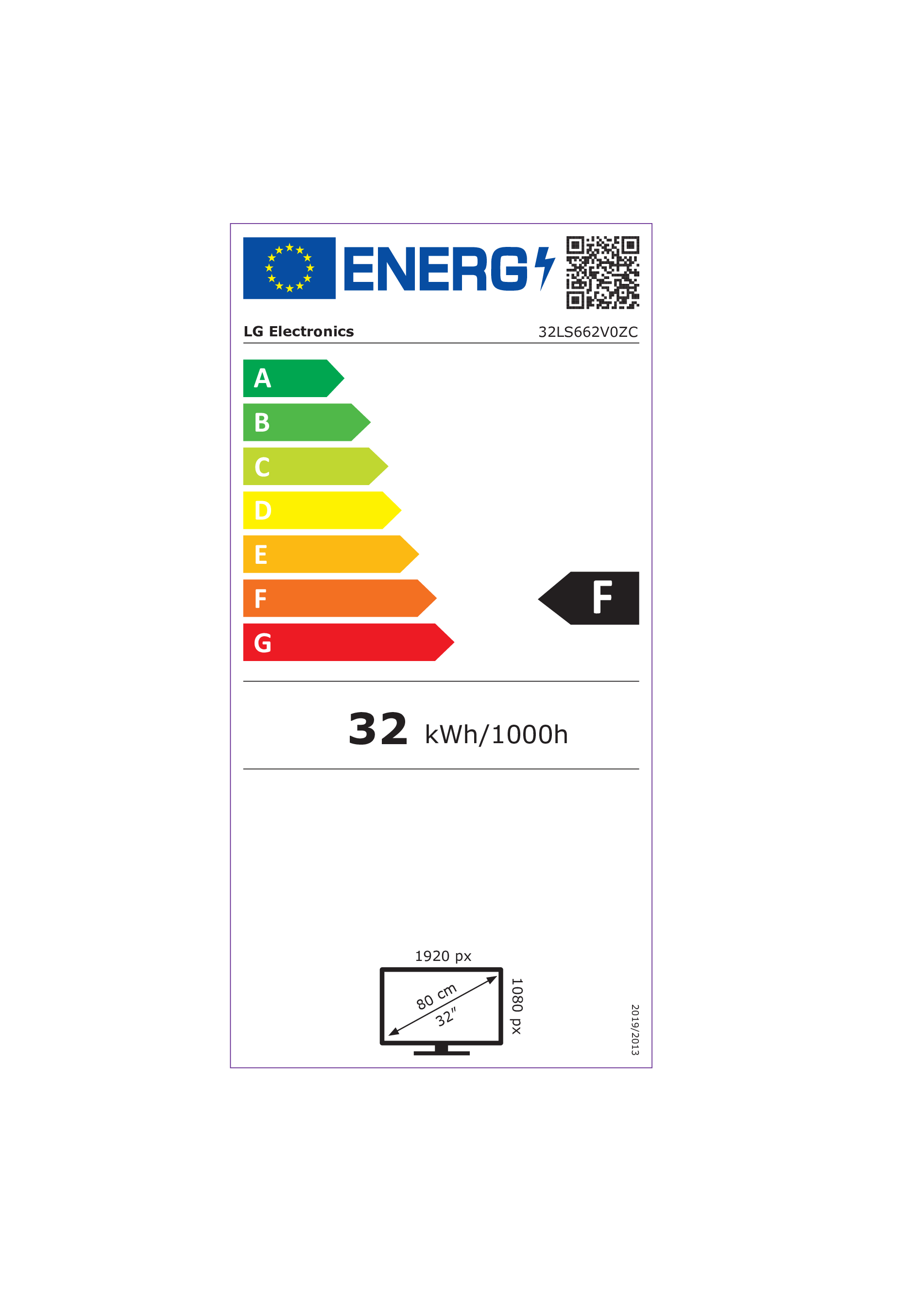 Étiquette énergétique pour un téléviseur. Affiche les cotes d'efficacité énergétique, les détails du modèle et la taille de l'écran. Comprend le logo UE.