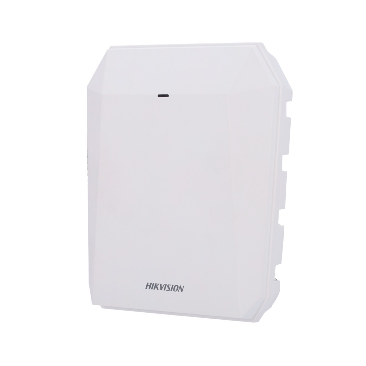 Ein weißes Hikvision-Gerät. Es hat eine rechteckige Form mit abgewinkelten Kanten. Oben ist ein kleiner schwarzer Strich zu sehen.