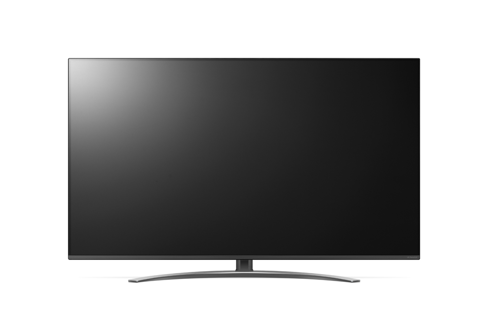 Un televisor de pantalla plana grande y negro con un soporte curvo plateado, aislado sobre un fondo blanco.