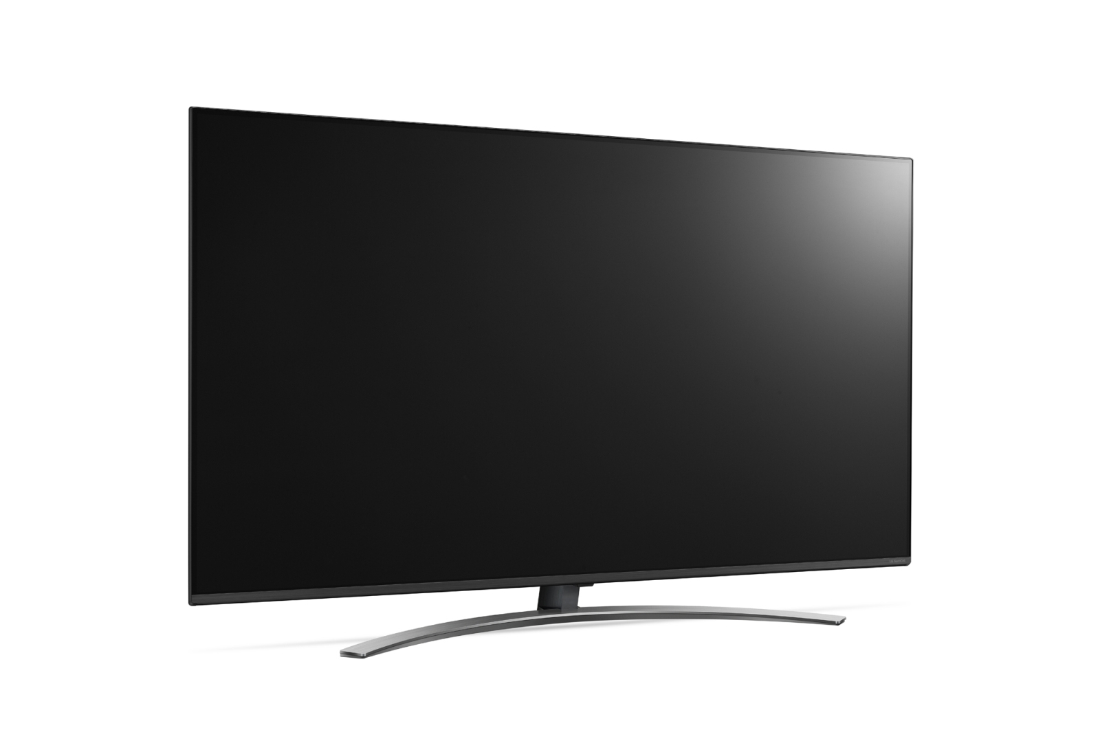 Un televisor de pantalla plana grande y negro. Tiene un soporte plateado curvado. La pantalla está encendida y es negra.