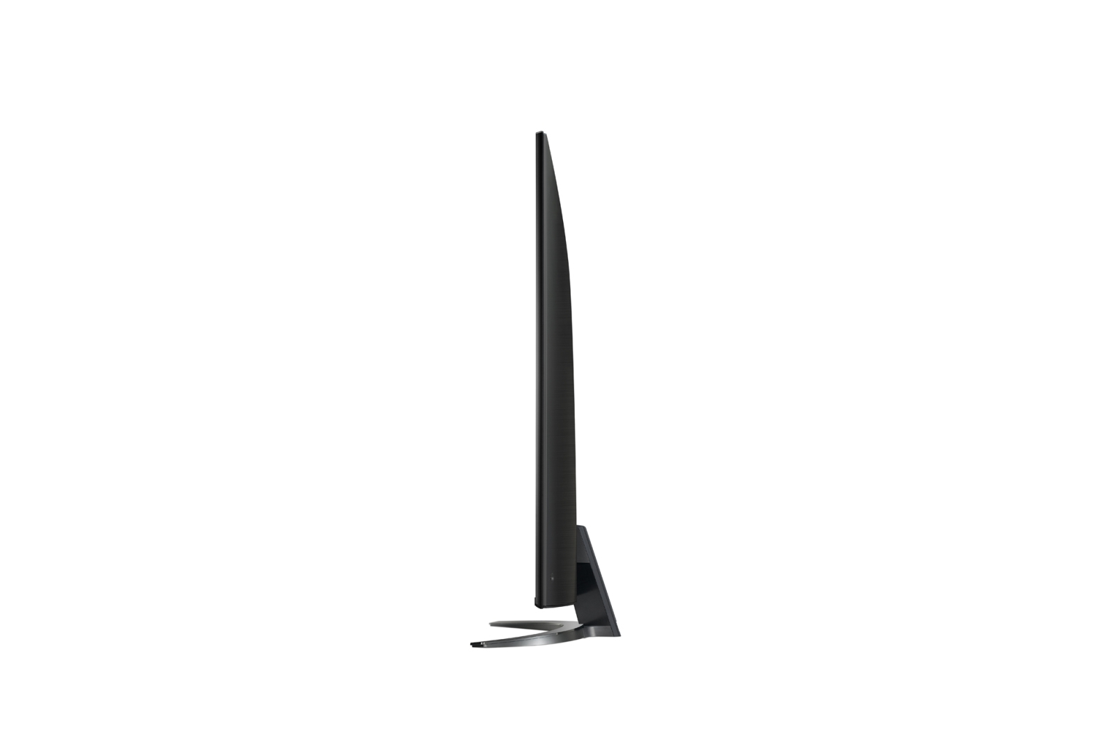 Vista lateral de un televisor negro con pantalla curva. El televisor está sobre un fondo blanco. El soporte es de color gris oscuro y curvado.