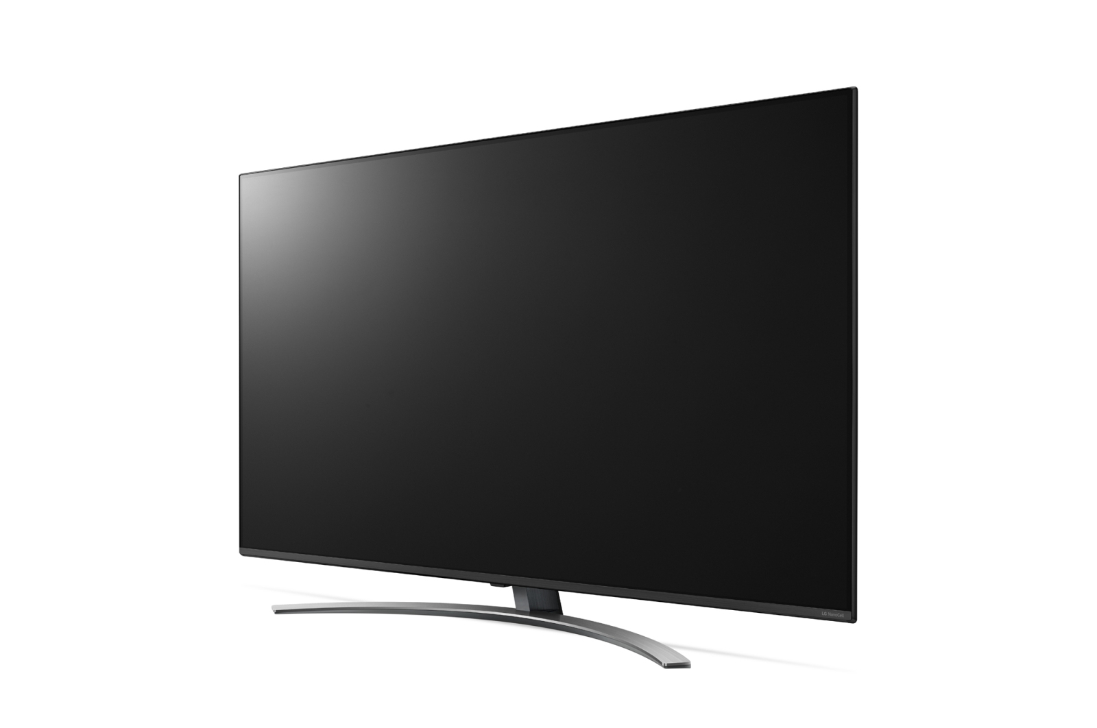 Un televisor grande, negro, de pantalla curva sobre un fondo blanco. Tiene un soporte plateado en arco.