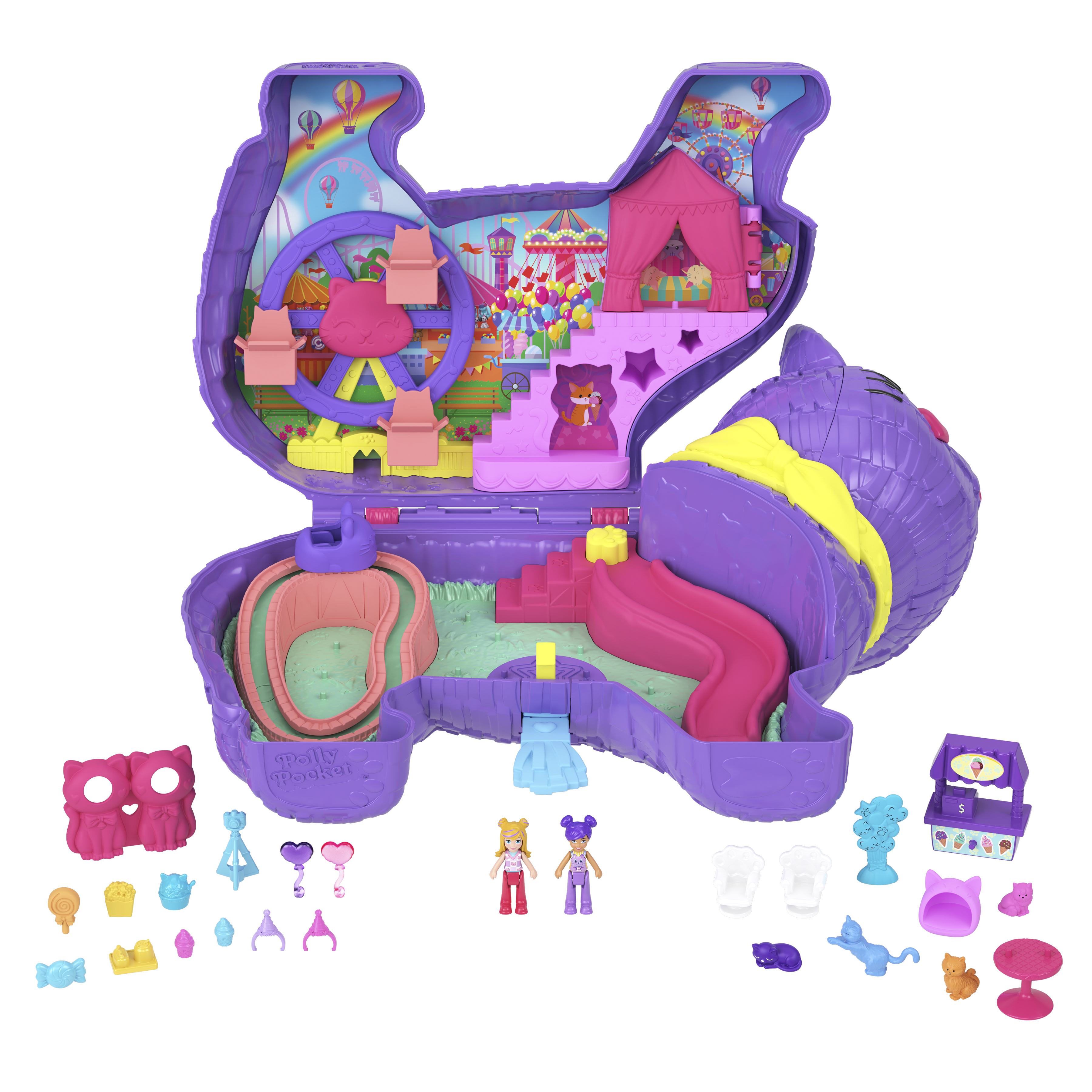 Fioletowy zestaw Polly Pocket w kształcie kota otwiera się, ukazując scenę karnawałową z diabelskim młynem i zjeżdżalnią. Zawiera akcesoria.