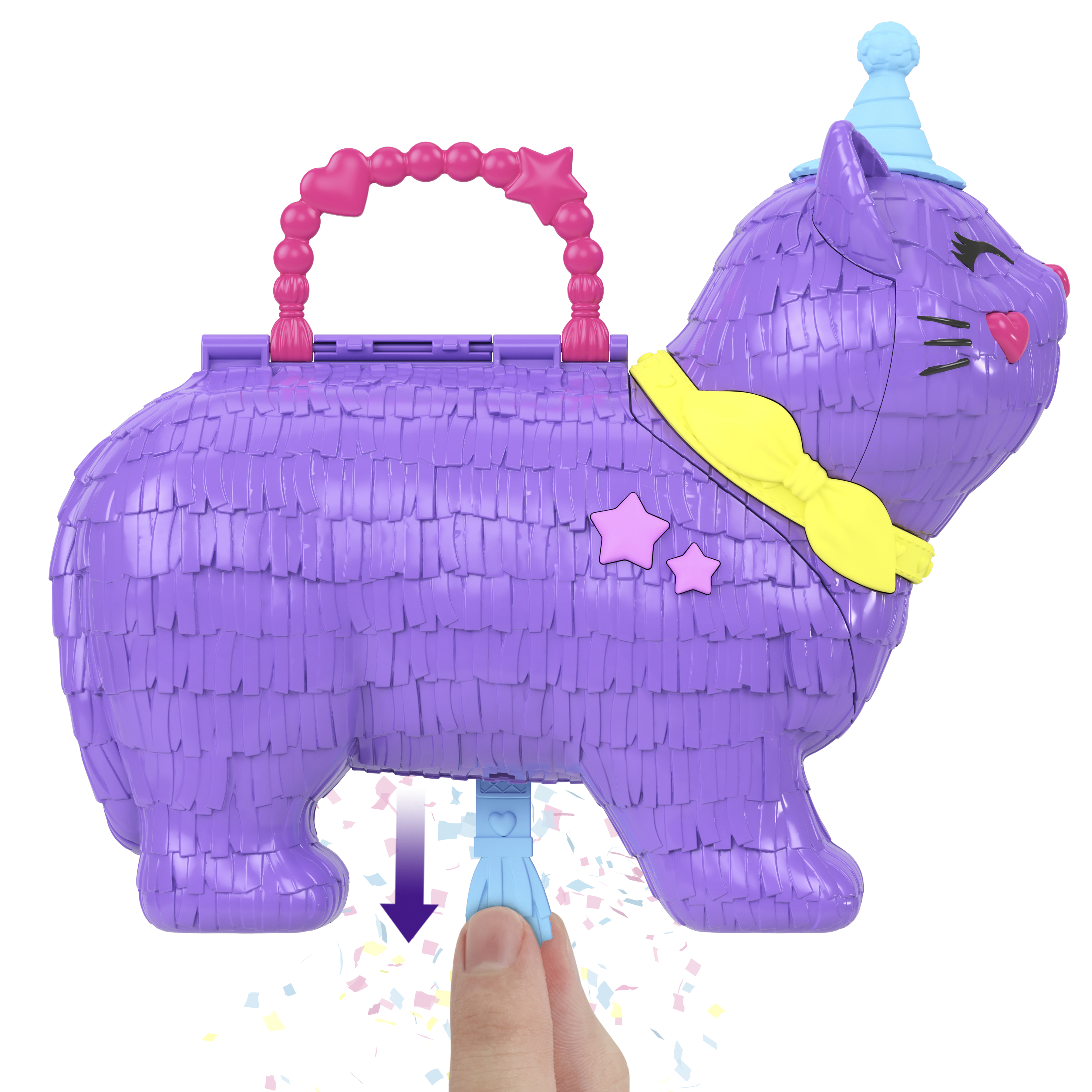 Fioletowa piñata w kształcie kota z czapeczką i kokardą. Ręka pociąga za niebieską zakładkę, konfetti się uwalnia.
