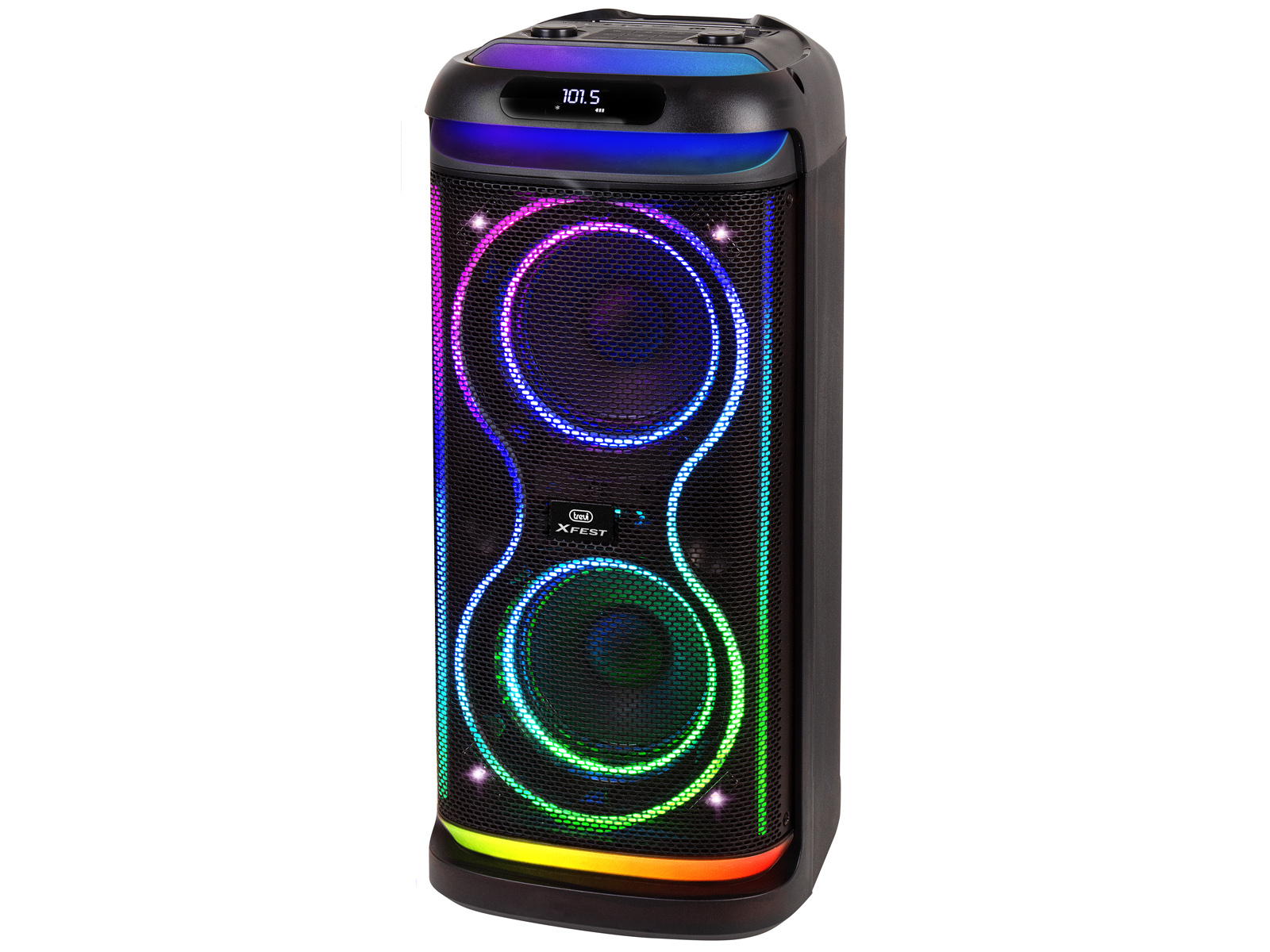 Un altoparlante nero con luci colorate. Ha una parte anteriore in mesh, due altoparlanti circolari e un display.