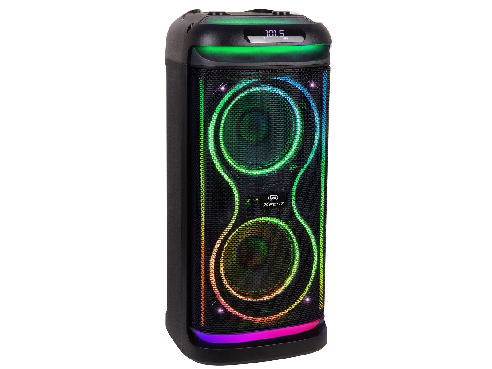 Altoparlante nero con luci a LED colorate. Ha due griglie per altoparlanti e un display digitale. Il marchio è Trevi XFEST.