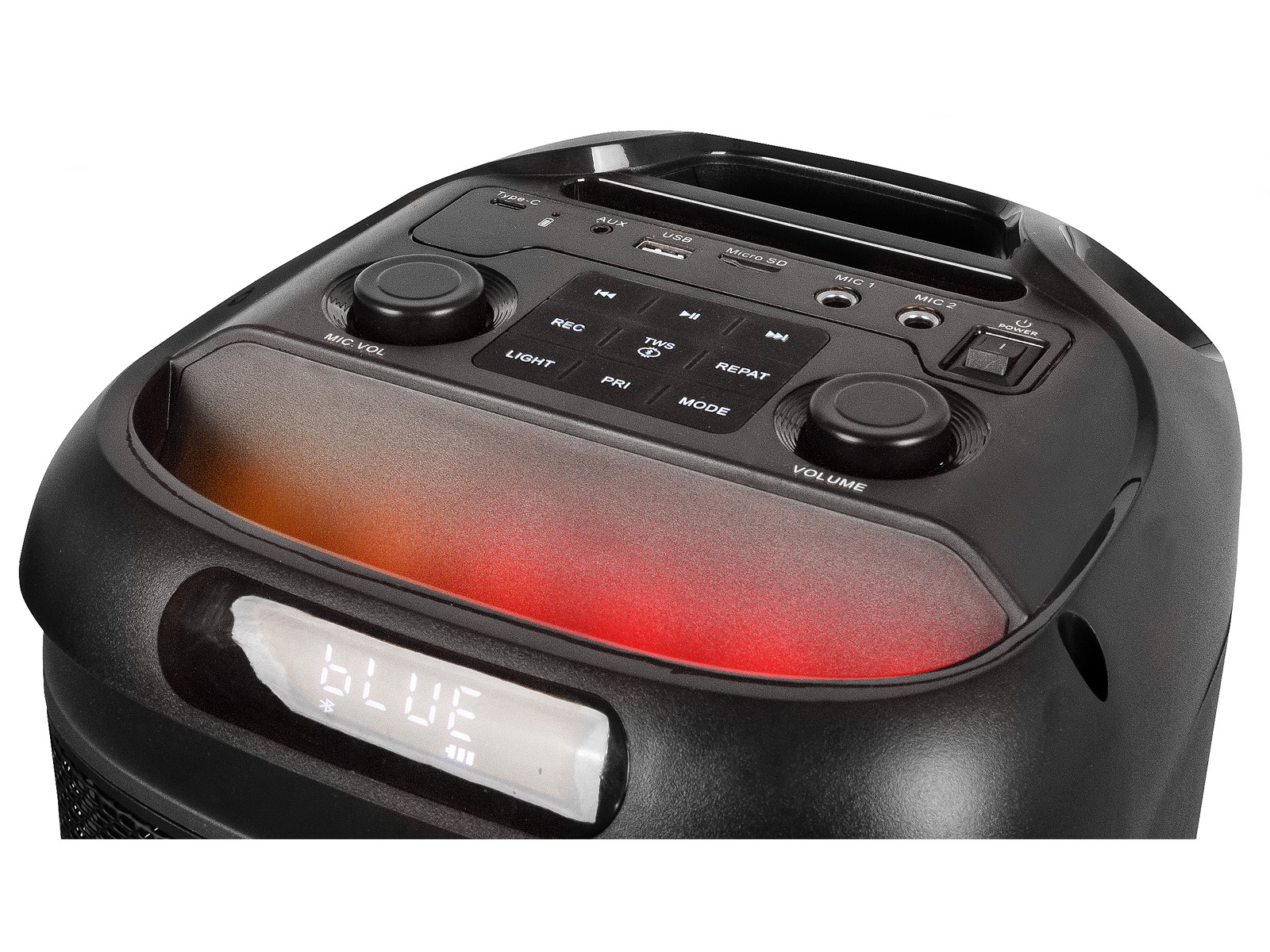 Altoparlante nero con pannello di controllo. Include controlli volume, modalità e luce, un display che mostra 'BLUE' e varie porte.