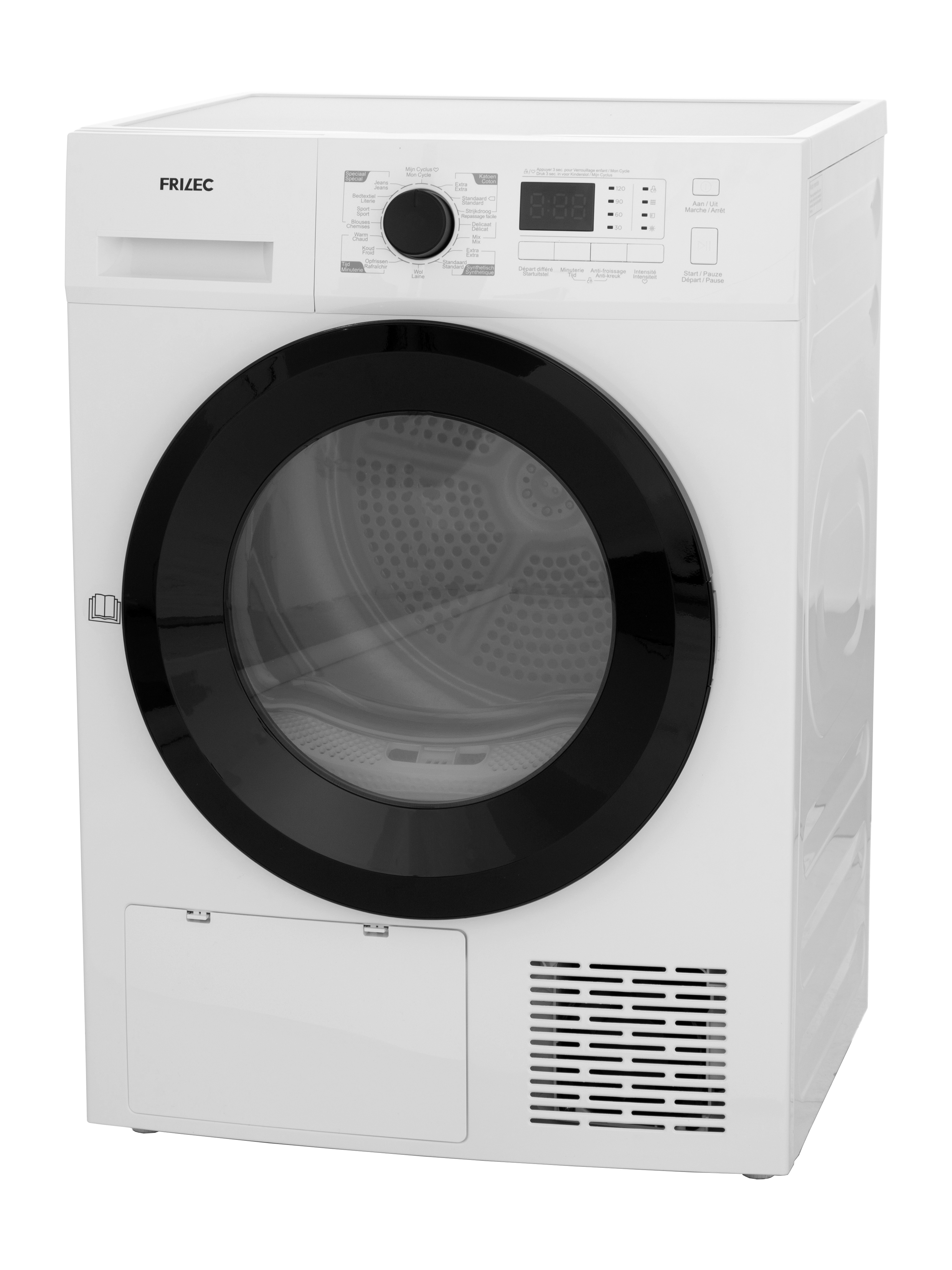 A white dryer with a black door. It has a control panel with buttons and a digital display.