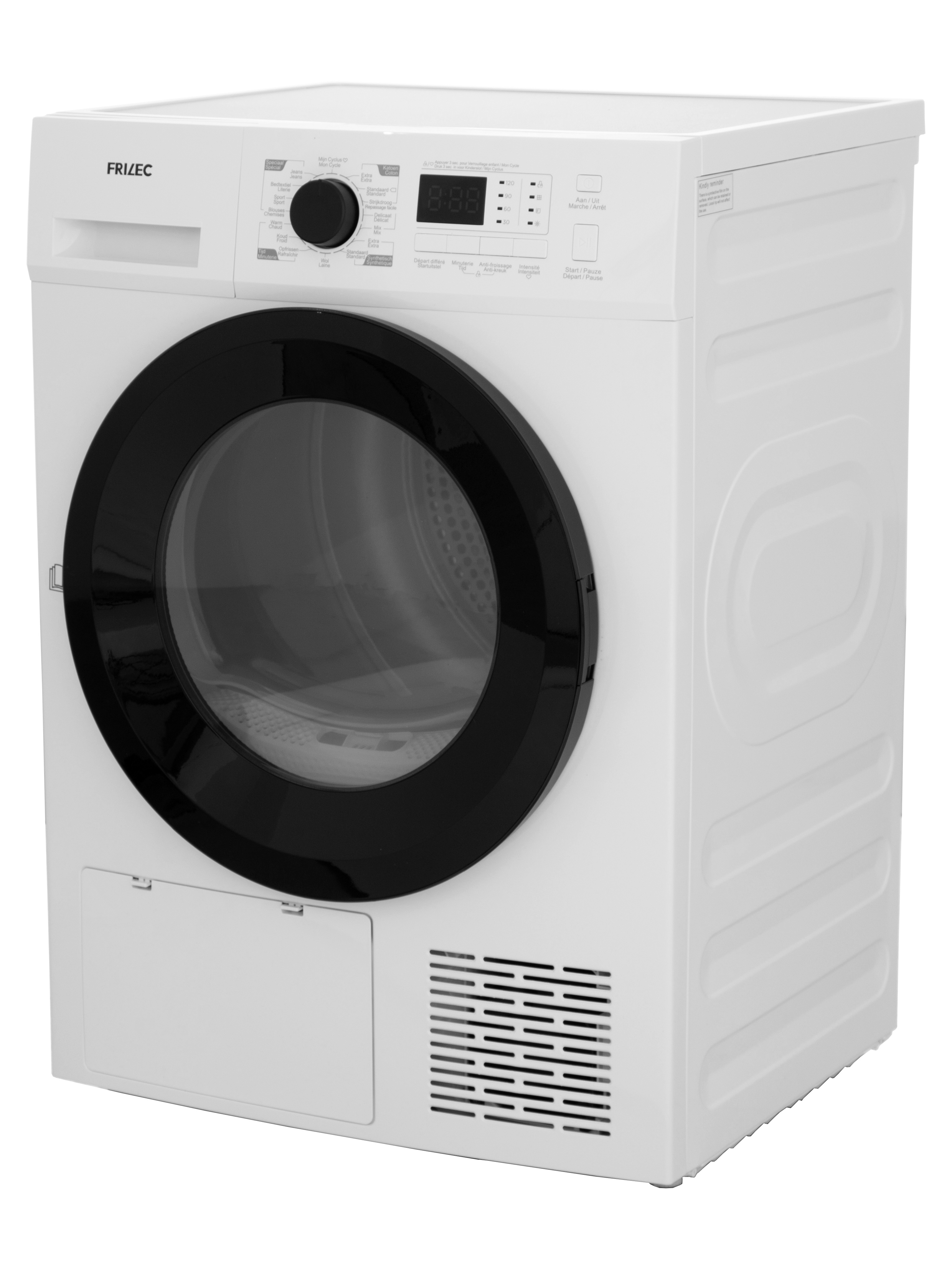 A white dryer with a black door. Controls are on top. Brand name FRIZEC is visible.