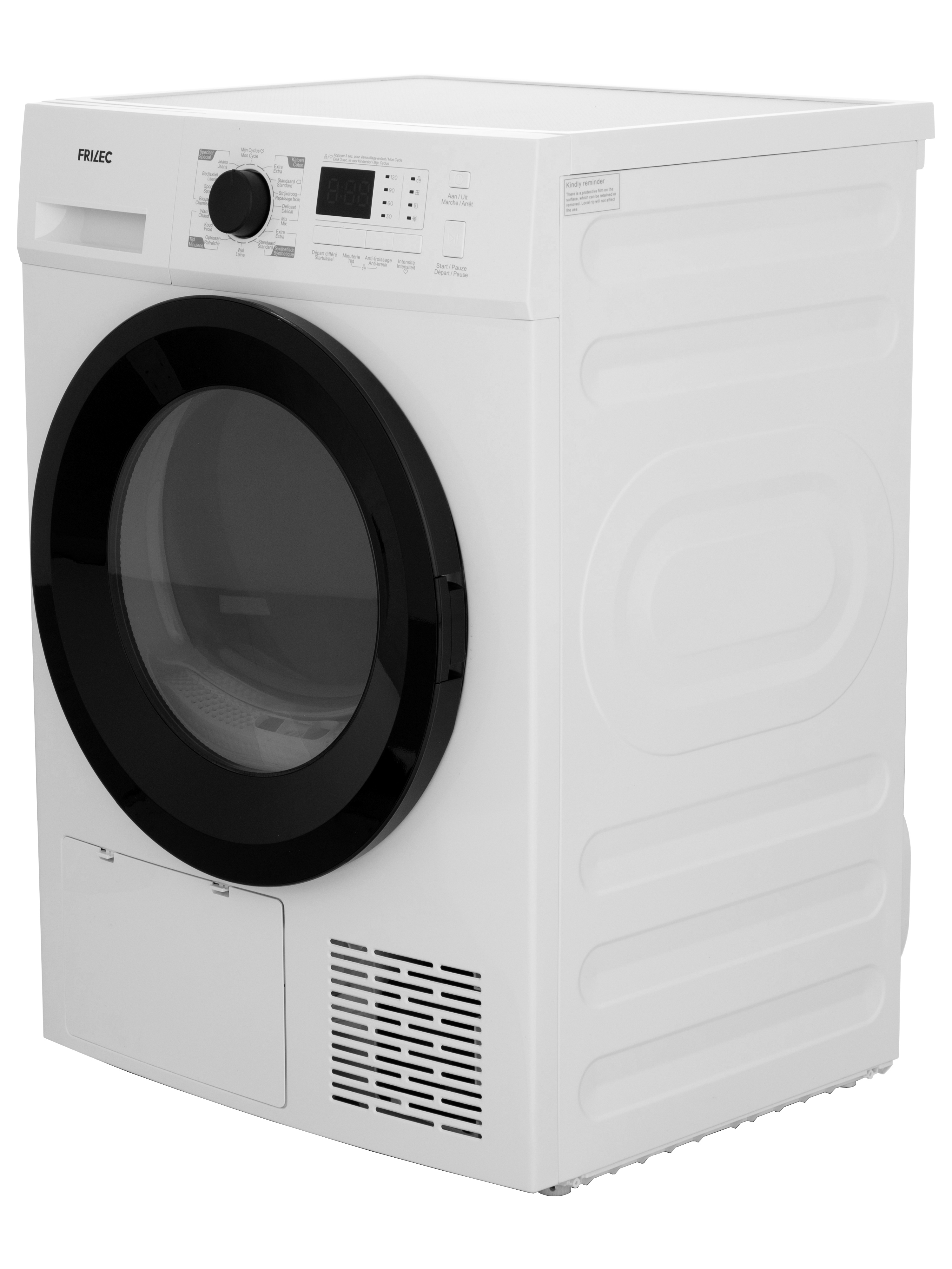 A white dryer with a black door ring. Controls and a digital display are visible on the top.