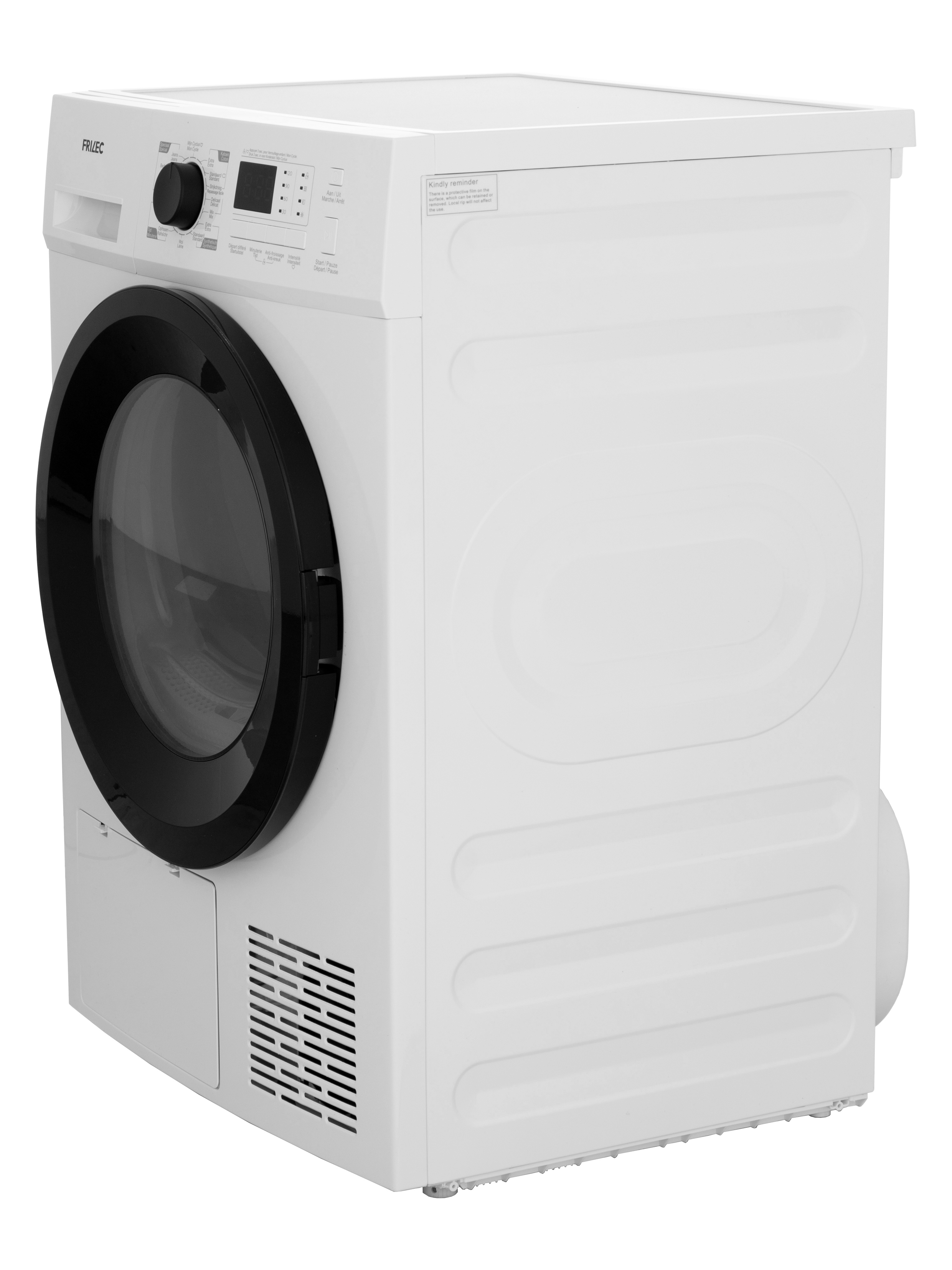White dryer with a black door. It has control panel with a knob and buttons. The brand name is FRIZEC.