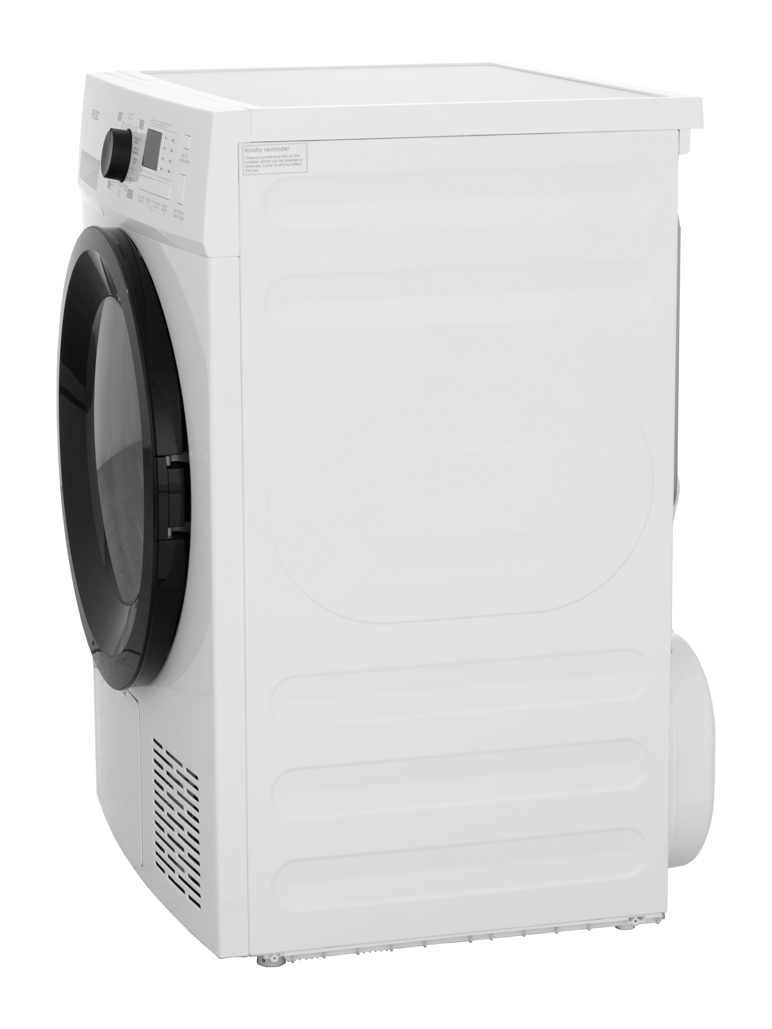 White dryer with a black door and control panel.  It has a vent on the side and a warning sticker.