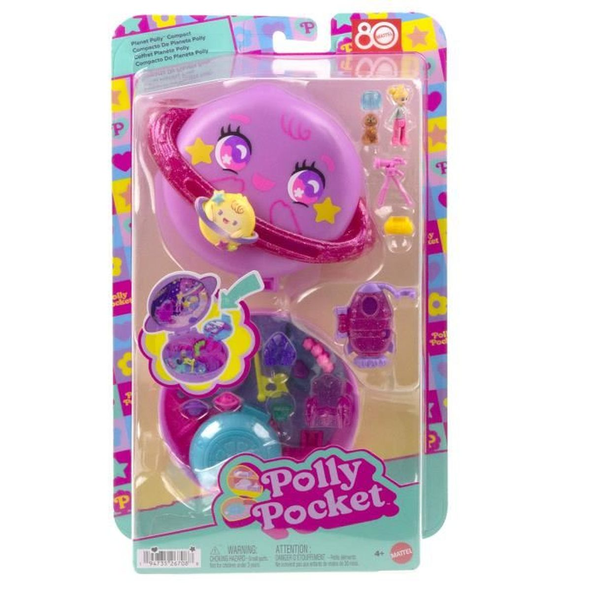 Zestaw Polly Pocket. Fioletowy kompakt w kształcie planety z akcesoriami, w tym rakietą i małymi figurkami, w przezroczystym opakowaniu.