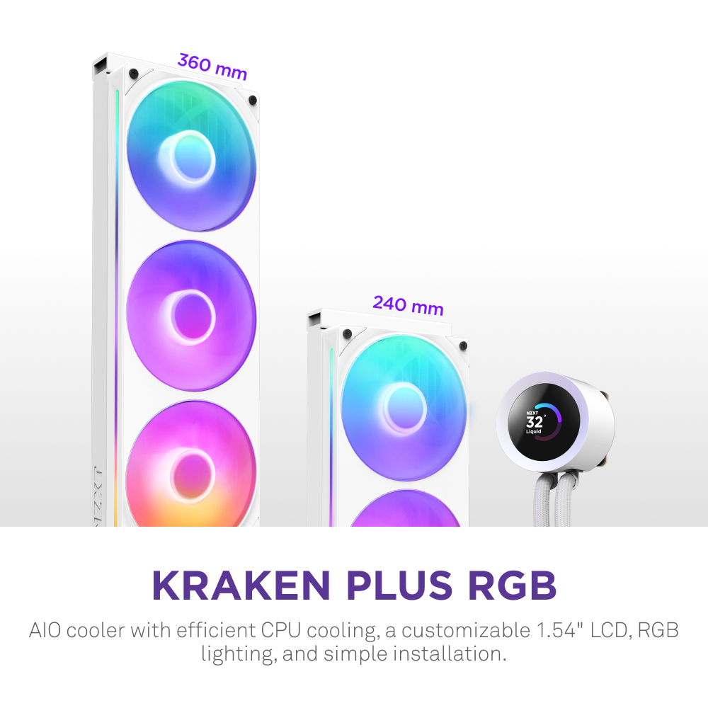 Białe chłodnice procesora z podświetleniem RGB i ekranem pokazującym temperaturę. Jedna chłodnica ma 360 mm, druga 240 mm. Produkt to Kraken Plus RGB.