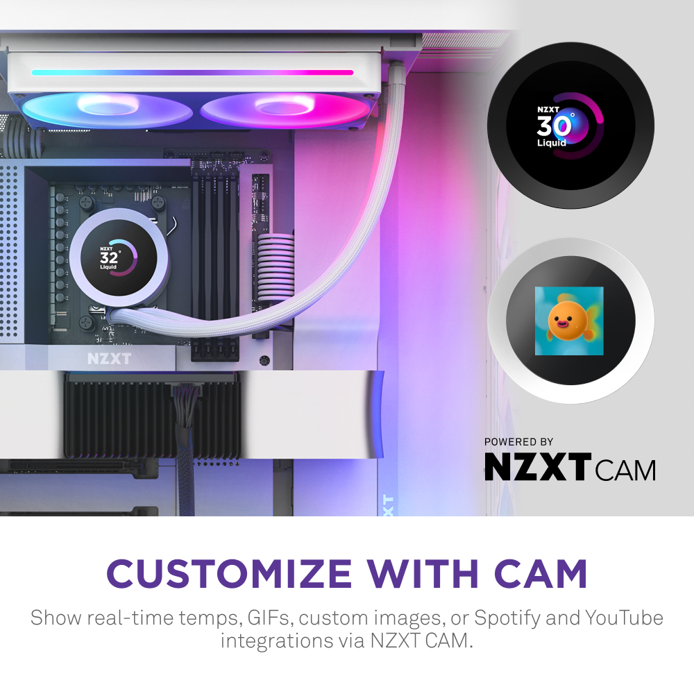 Komponenty komputera NZXT z wyświetlaczami temperatury, ikoną ryby i tekstem 'CUSTOMIZE WITH CAM'.