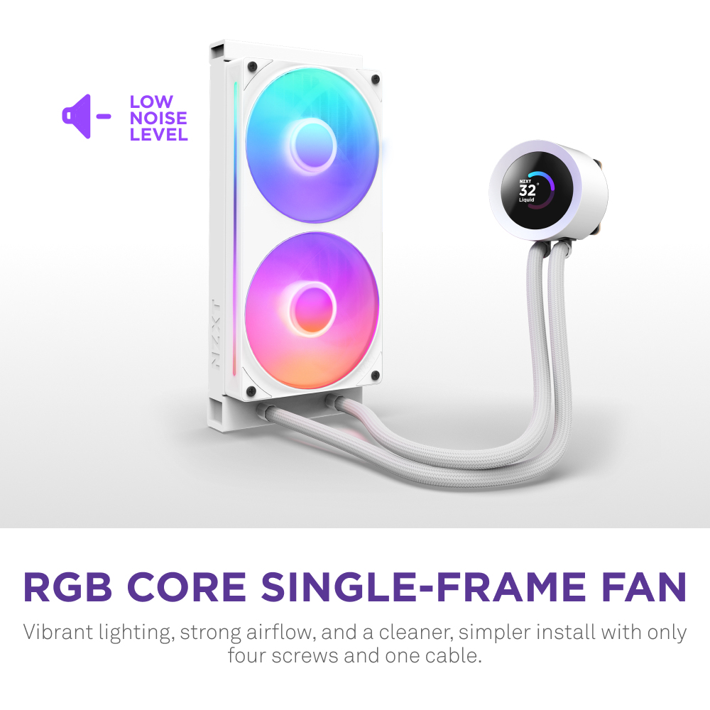 Biały system chłodzenia PC ze światłami RGB. Pokazuje wyświetlacz z temperaturą cieczy. Tekst: RGB CORE SINGLE-FRAME FAN.