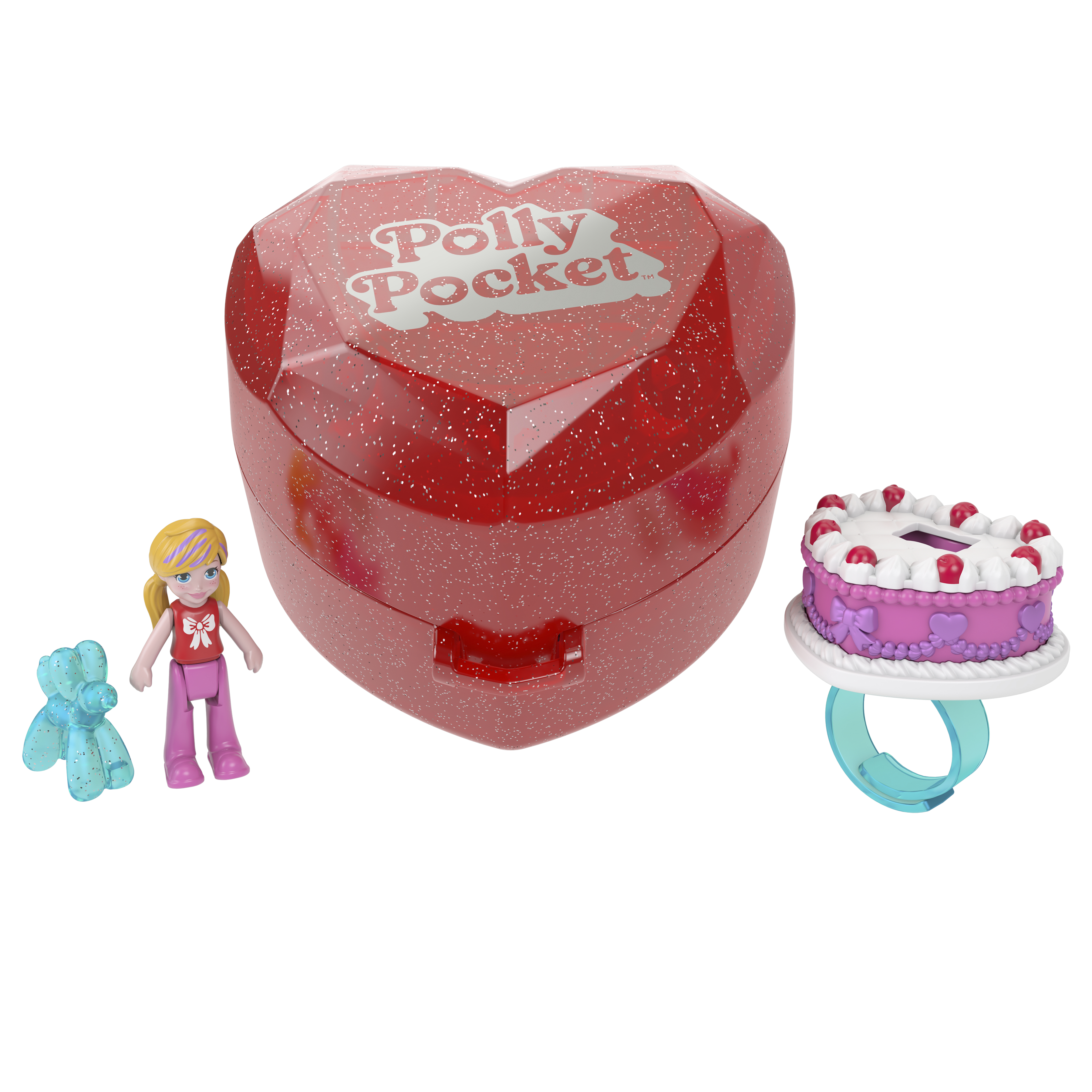 Czerwone etui Polly Pocket w kształcie serca, lalka, niebieski balonowy pies i pierścionek z ciastem.