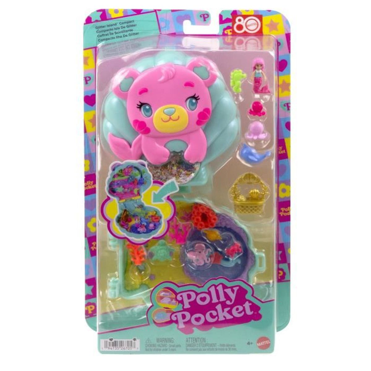 Zestaw zabawek Polly Pocket w opakowaniu. Zawiera różowego misia, akcesoria i logo Polly Pocket.