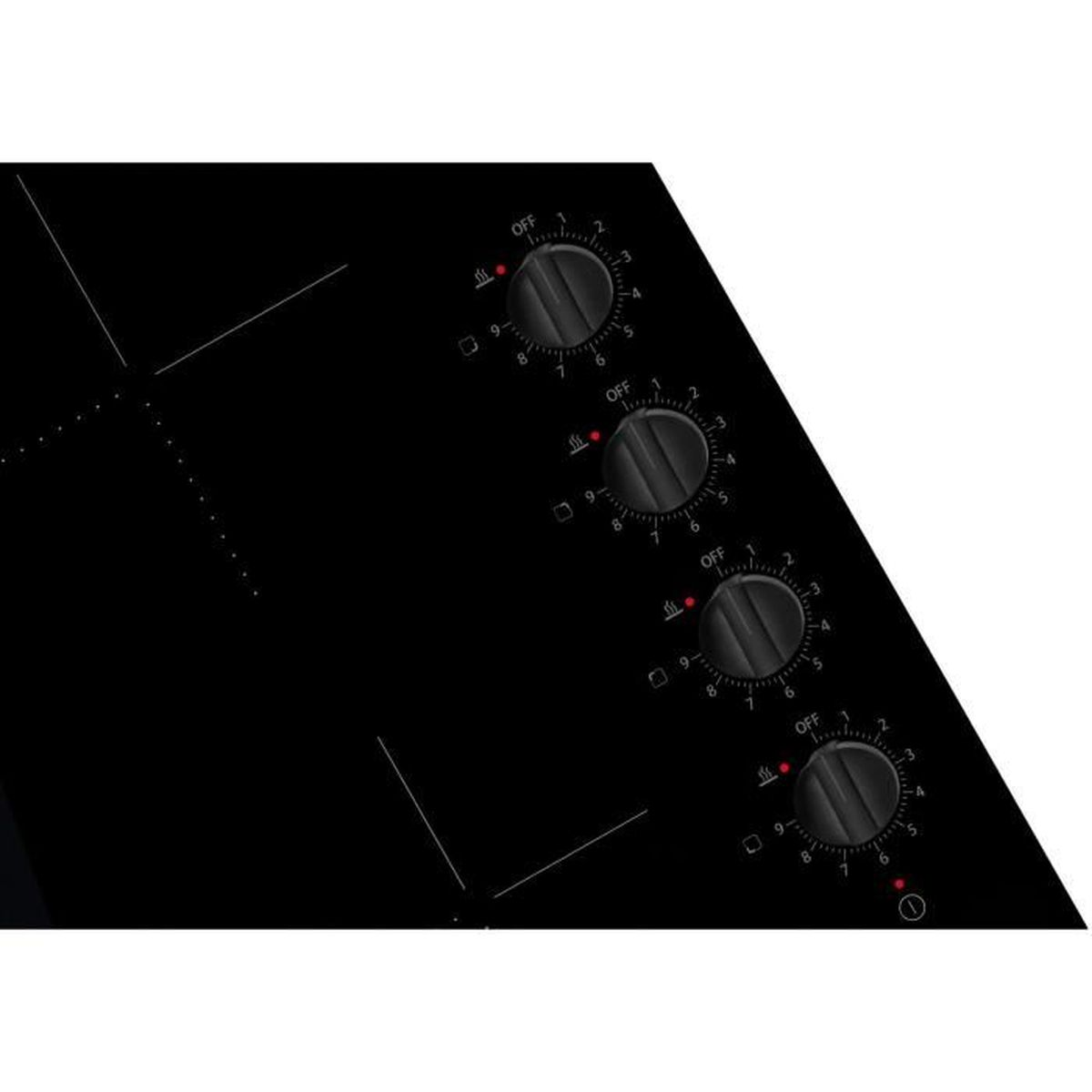 Czarna płyta grzewcza z czterema pokrętłami. Pokrętła są ponumerowane i oznaczone 'OFF'. Powierzchnia płyty ma błyszczące wykończenie.