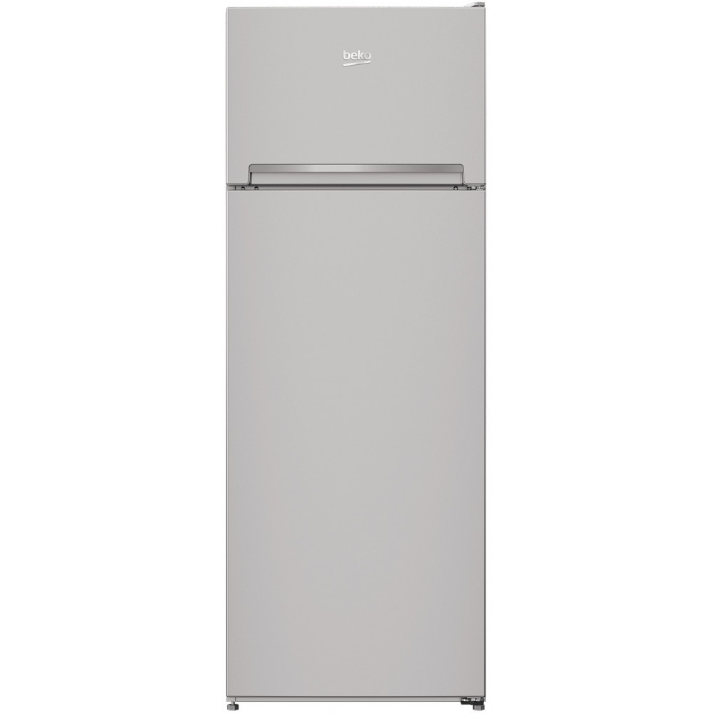Un frigorifero Beko argentato con due porte. La porta superiore ha il logo Beko. Il frigorifero è su sfondo bianco.