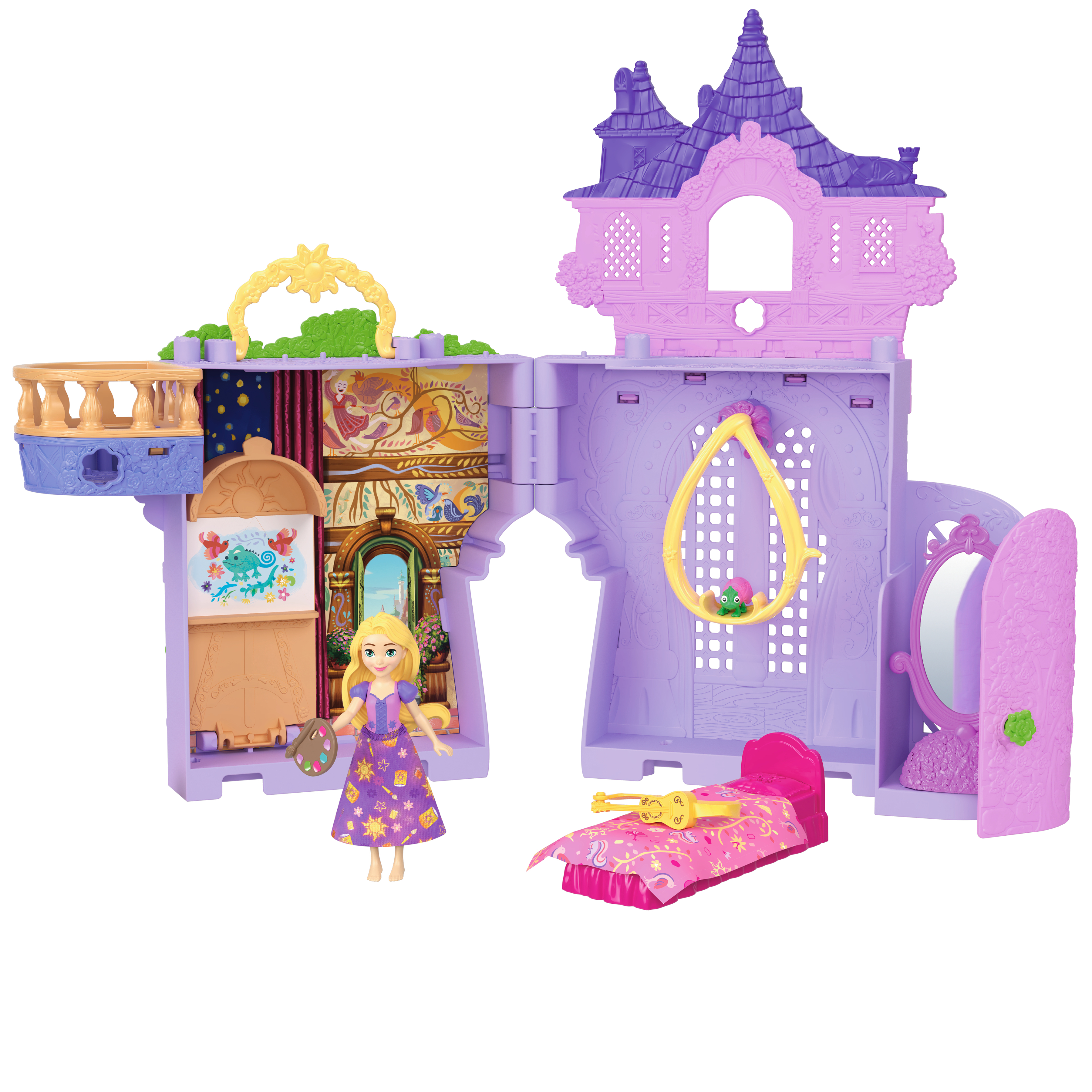 Un castillo de juguete morado con una muñeca delante. El castillo tiene una cama, un espejo y un columpio. Es un set de juego temático de Rapunzel.