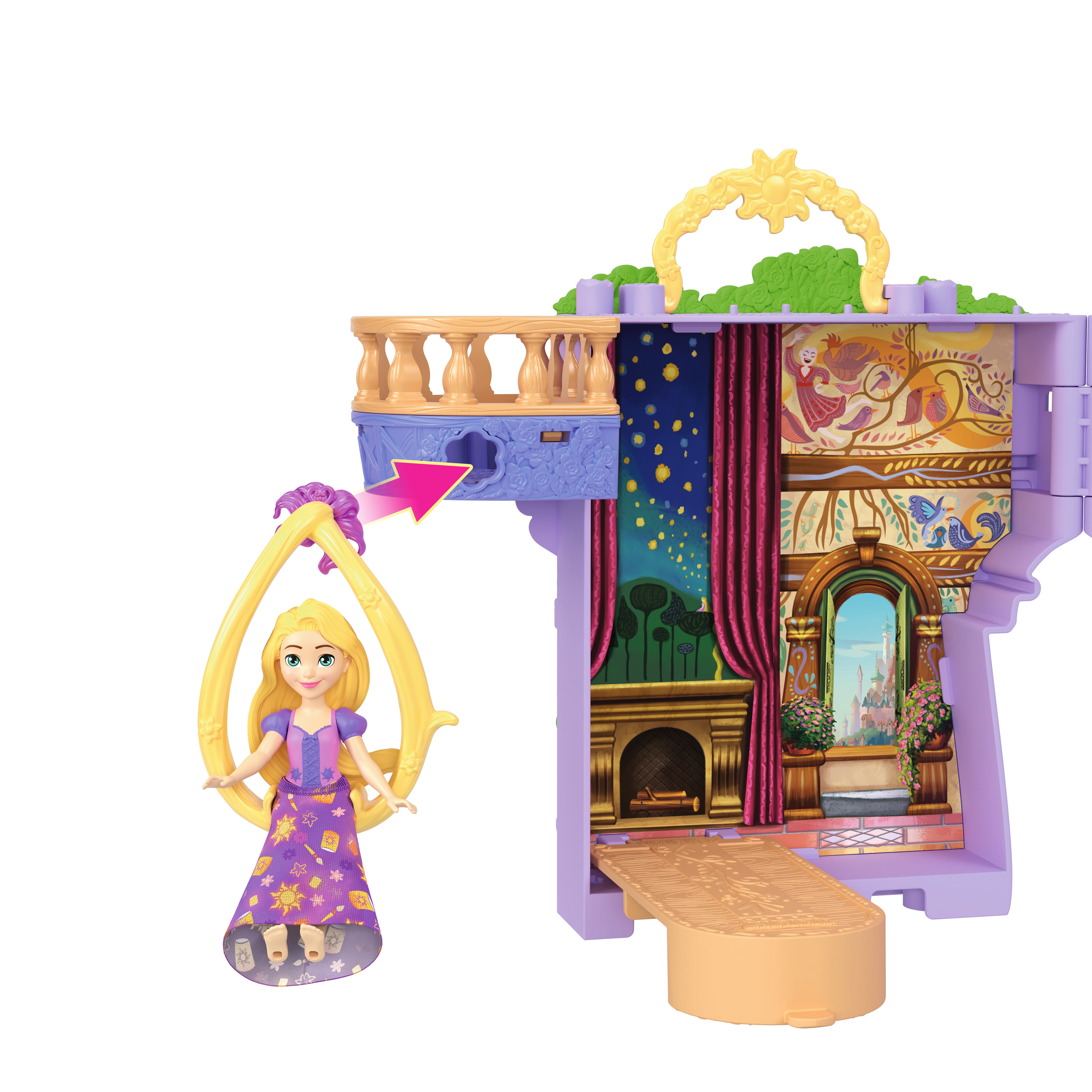 Un juego de Rapunzel. Presenta una muñeca en un columpio, un castillo morado con interior detallado y una puerta que se abre.