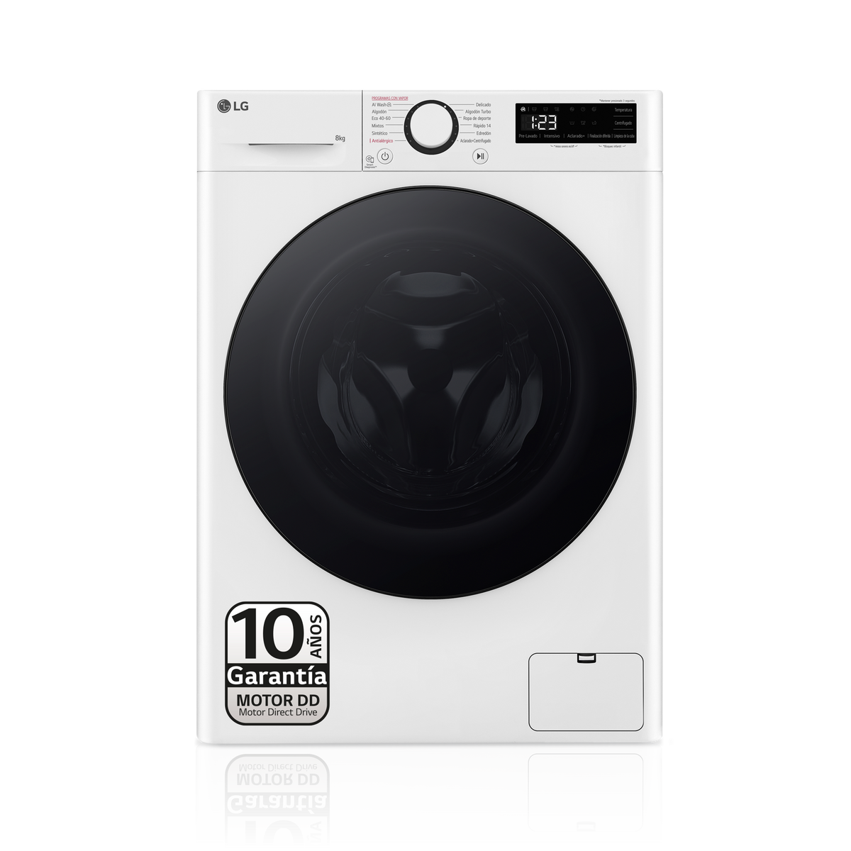 Biała pralka LG z czarnymi drzwiami, panelem sterowania i wyświetlaczem cyfrowym 1:23. Widoczna naklejka gwarancyjna na 10 lat.