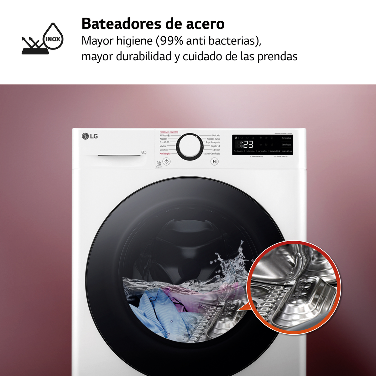 Biała pralka LG z czarnymi drzwiami. W środku prane są ubrania. Zbliżenie pokazuje bęben ze stali nierdzewnej. Tekst w języku hiszpańskim.