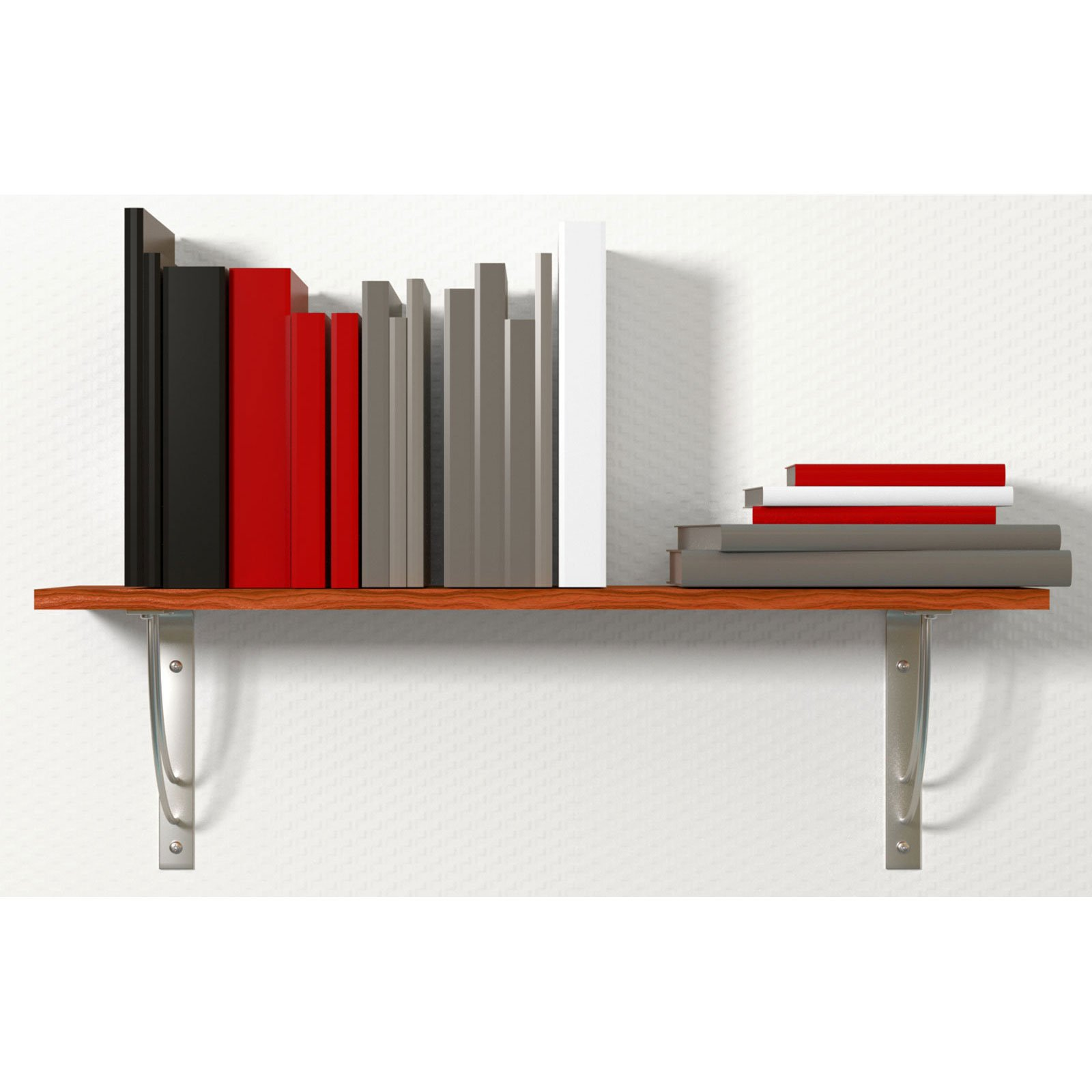 Ein Holzregal mit Büchern in verschiedenen Farben. Schwarze, rote, graue und weiße Bücher stehen im Regal. Die Wand ist weiß.