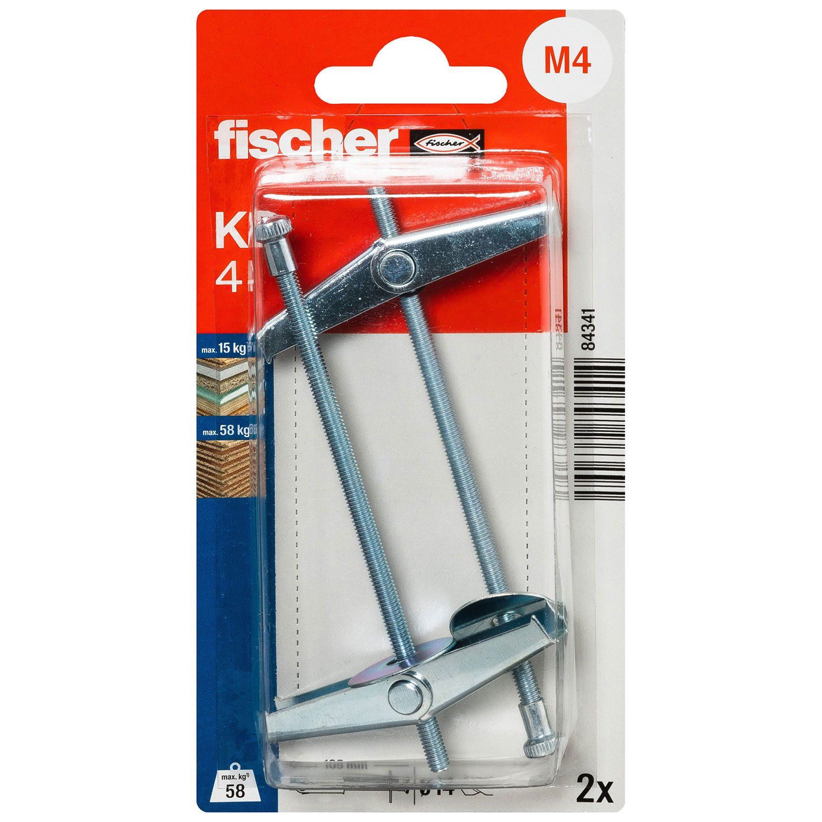 Packung mit Fischer K 4 Metall-Kippdübeln. Die Verpackung ist rot und weiß. Zwei Bolzen sind sichtbar.