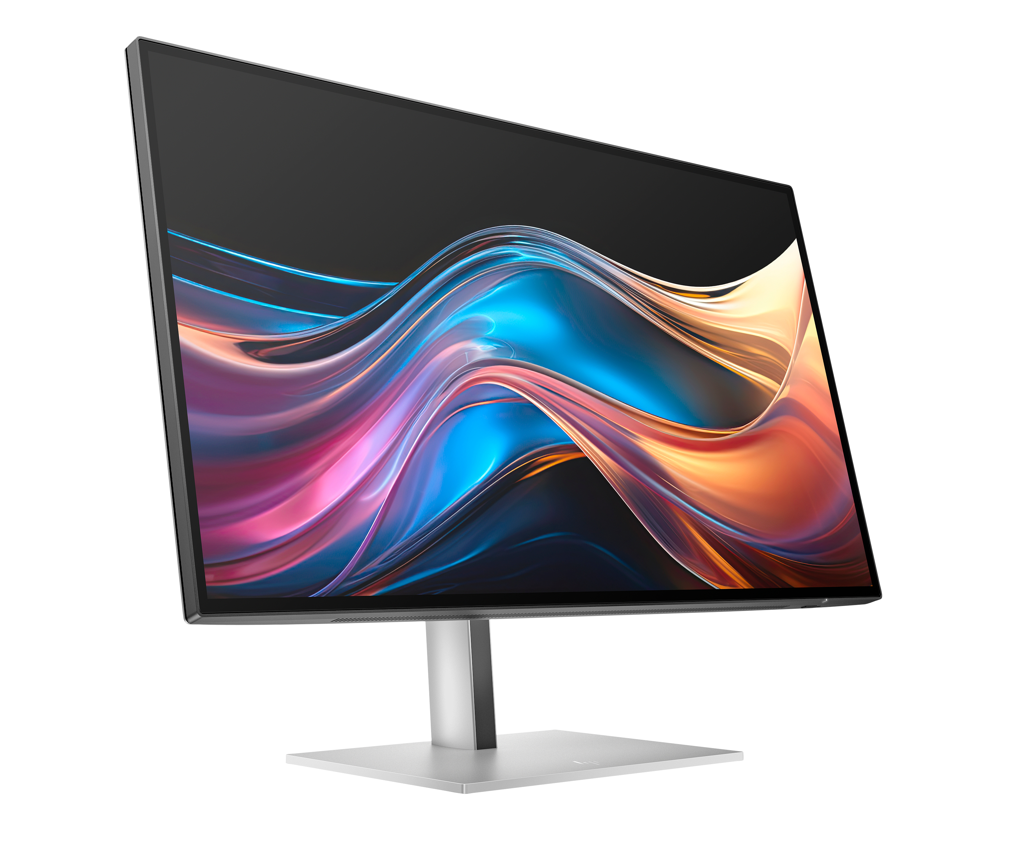 Un monitor de computadora con una pantalla abstracta colorida, soporte plateado y marco negro, inclinado a la izquierda.