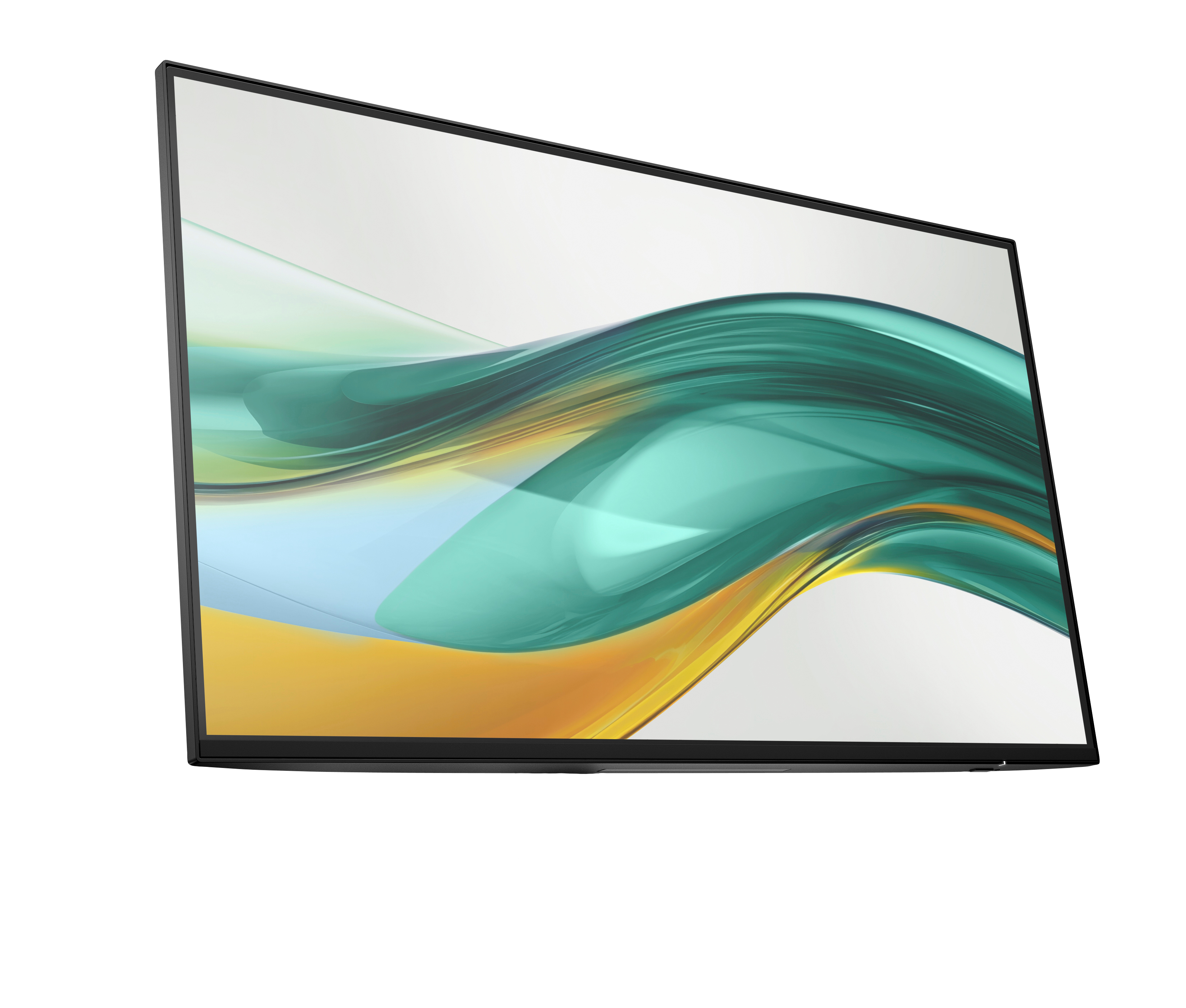 Un monitor con cornice nera mostra un design astratto colorato con sfumature turchesi, gialle e blu su sfondo bianco.