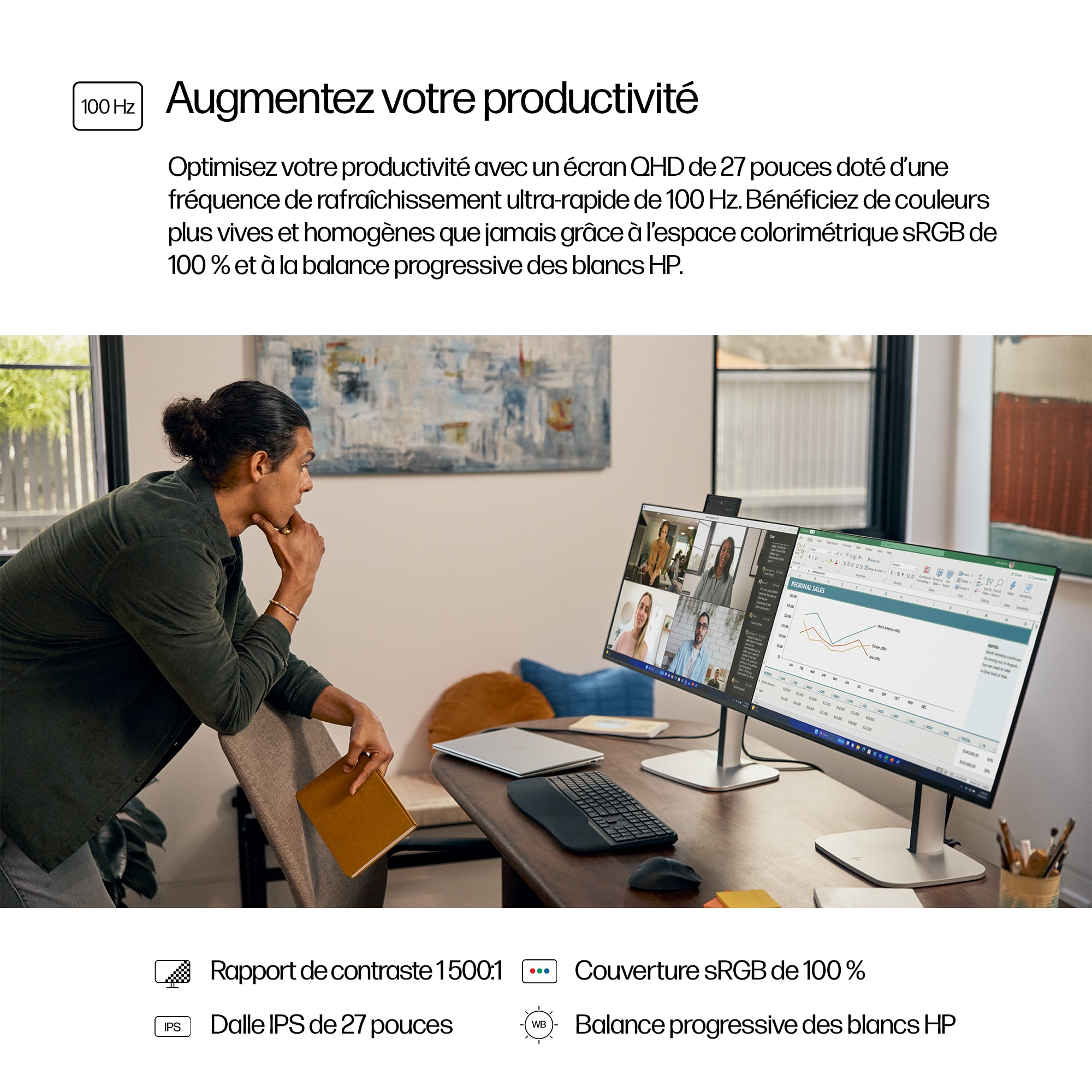 Uomo appoggiato a una sedia che guarda i monitor. Uno mostra una videochiamata, l'altro un foglio di calcolo. Testo: Augmentez votre productivité.