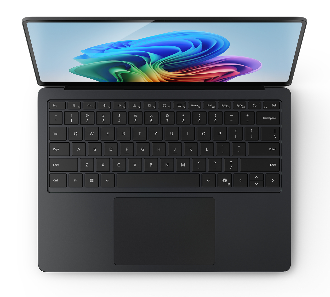 Een zwarte laptop is open en toont een kleurrijke abstracte afbeelding op het scherm. Het toetsenbord en touchpad zijn zichtbaar.