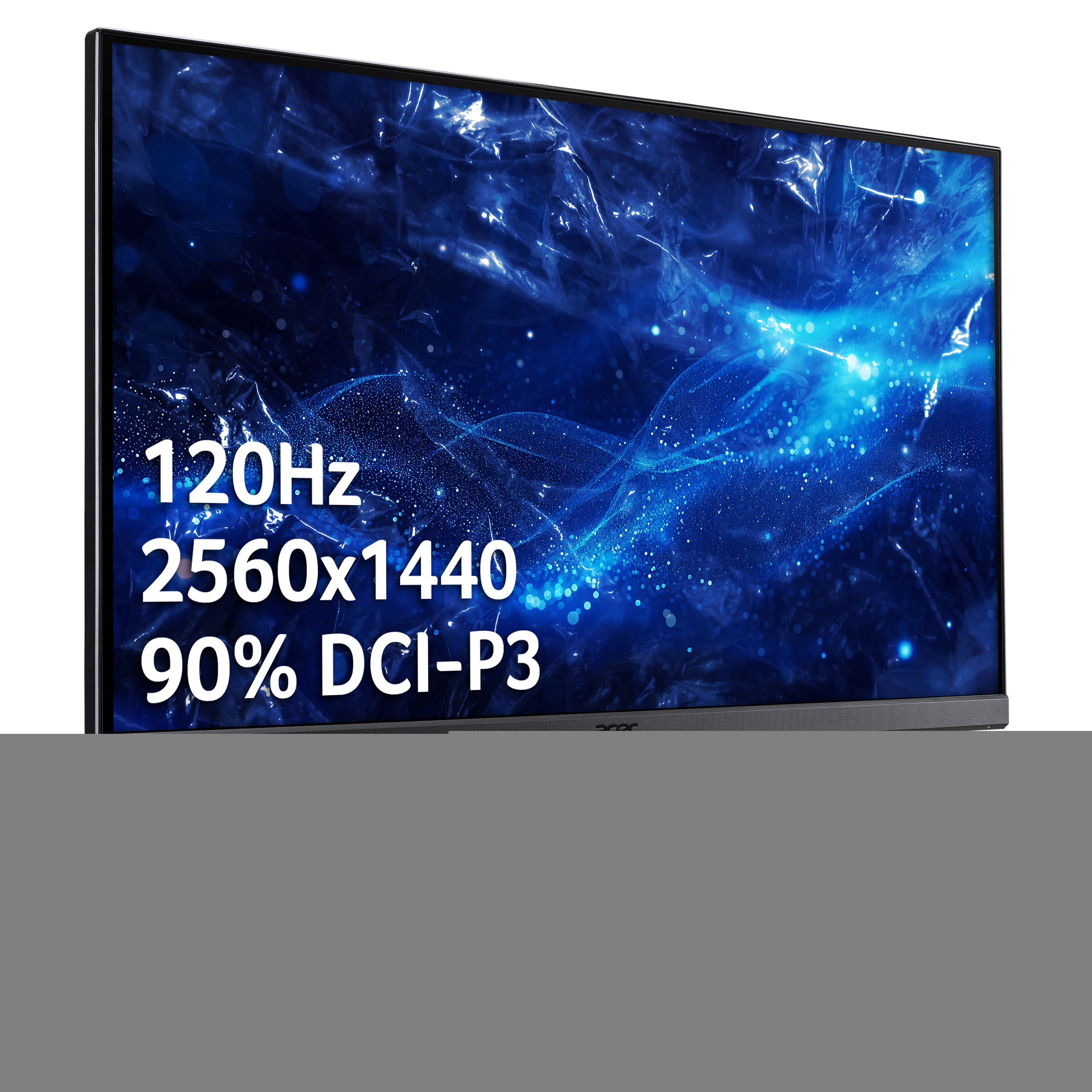 Un monitor mostra le specifiche: 120Hz, 2560x1440, 90% DCI-P3. Lo schermo mostra un design astratto blu.