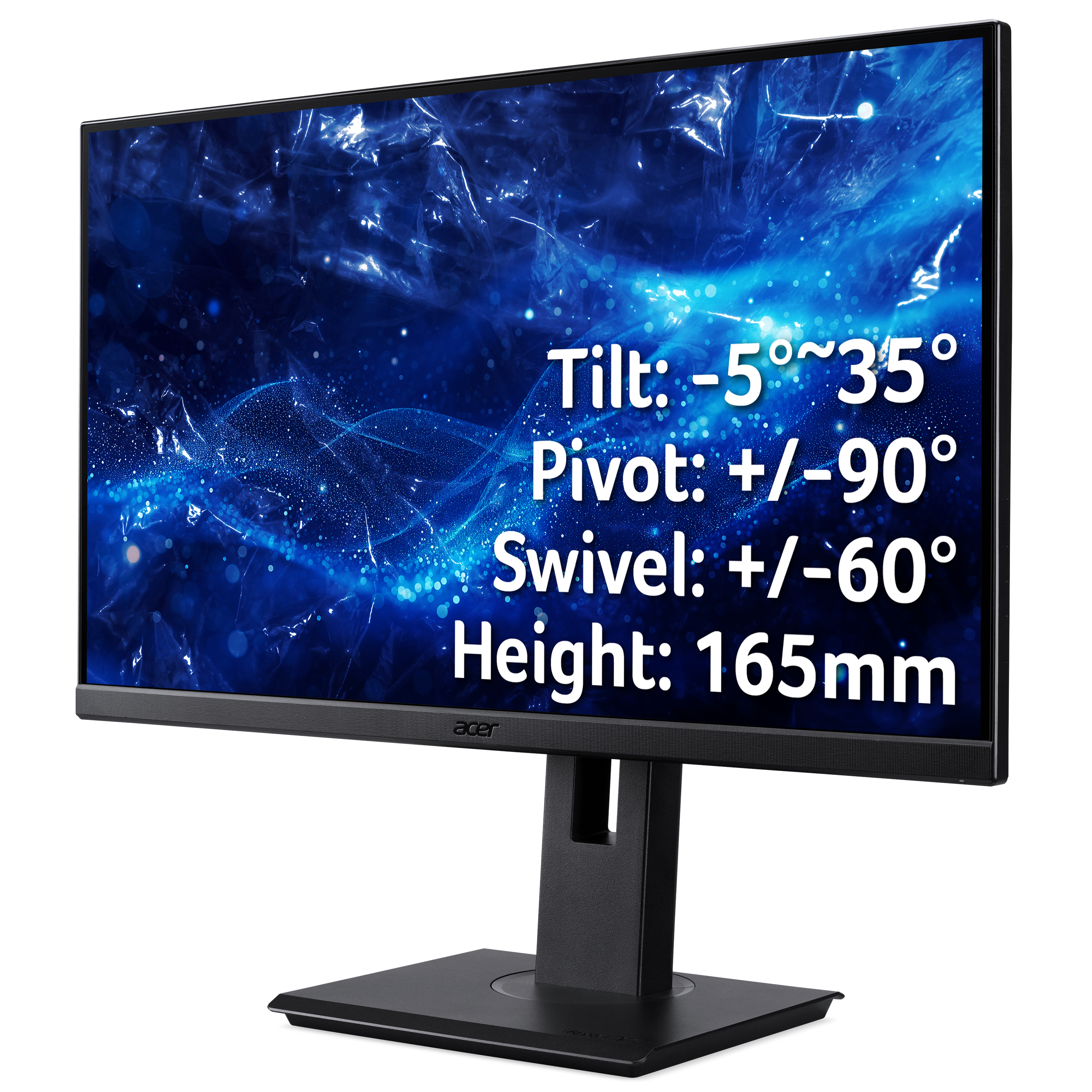 Un monitor Acer nero mostra grafica blu e testo che indica inclinazione, rotazione, orientamento e altezza. Il monitor è su un supporto.