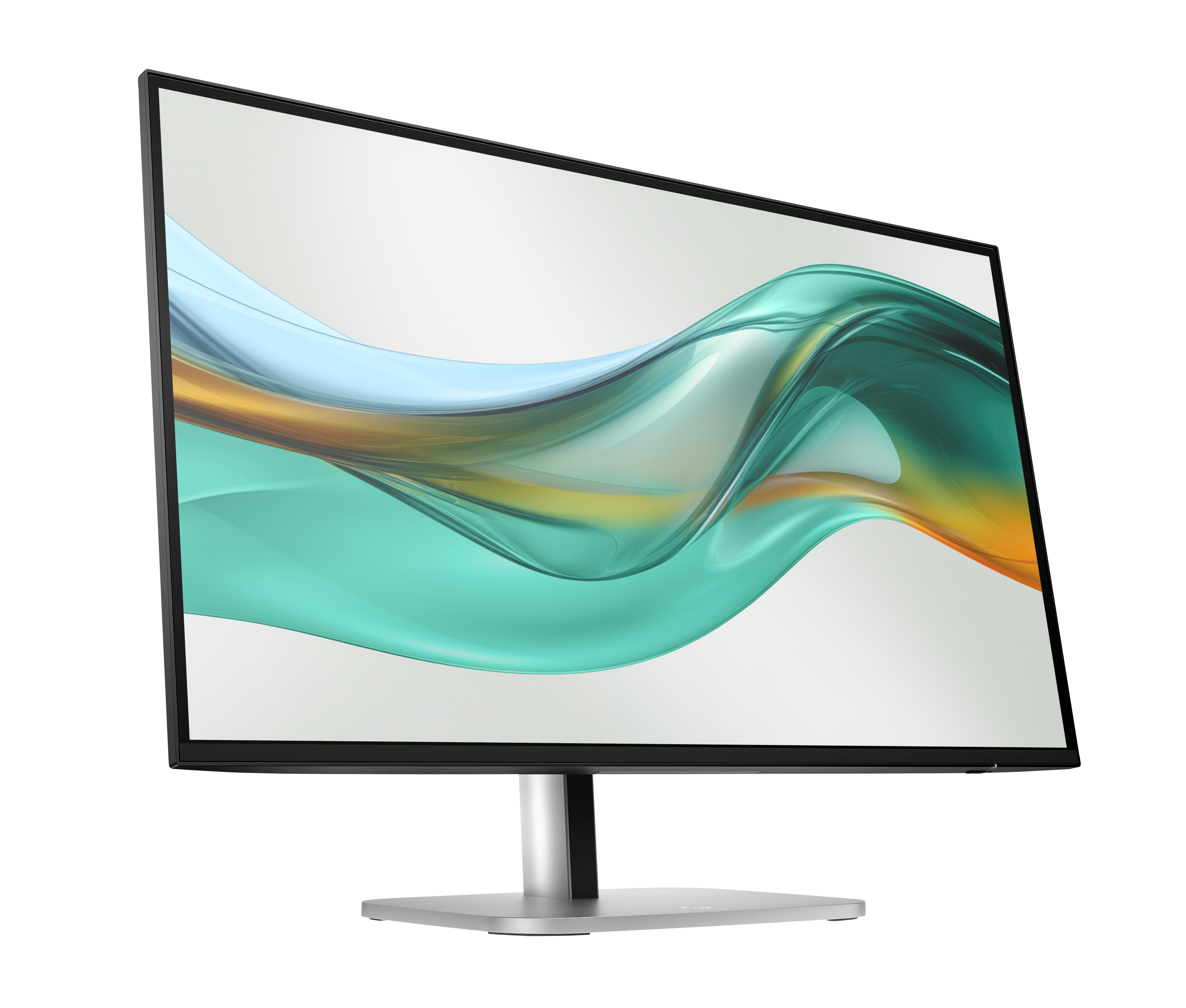 Ein Computermonitor mit schwarzem Rahmen zeigt ein fließendes abstraktes Design in Türkis, Blau und Gold auf weißem Hintergrund.