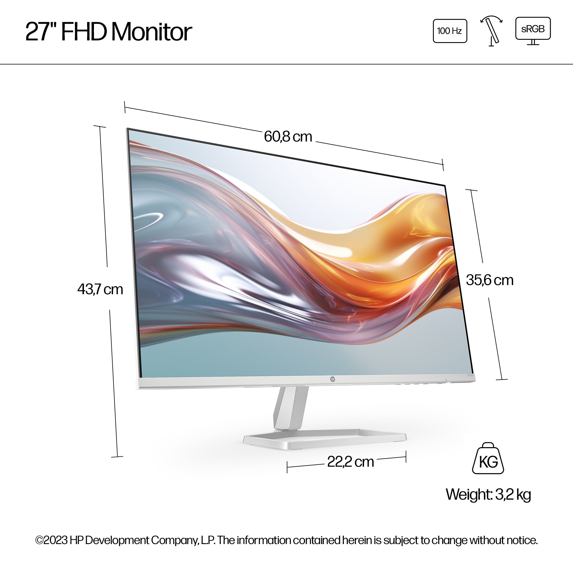 Un monitor FHD da 27" con dimensioni etichettate. Mostra le dimensioni dello schermo, il peso e specifiche come 100 Hz e sRGB.