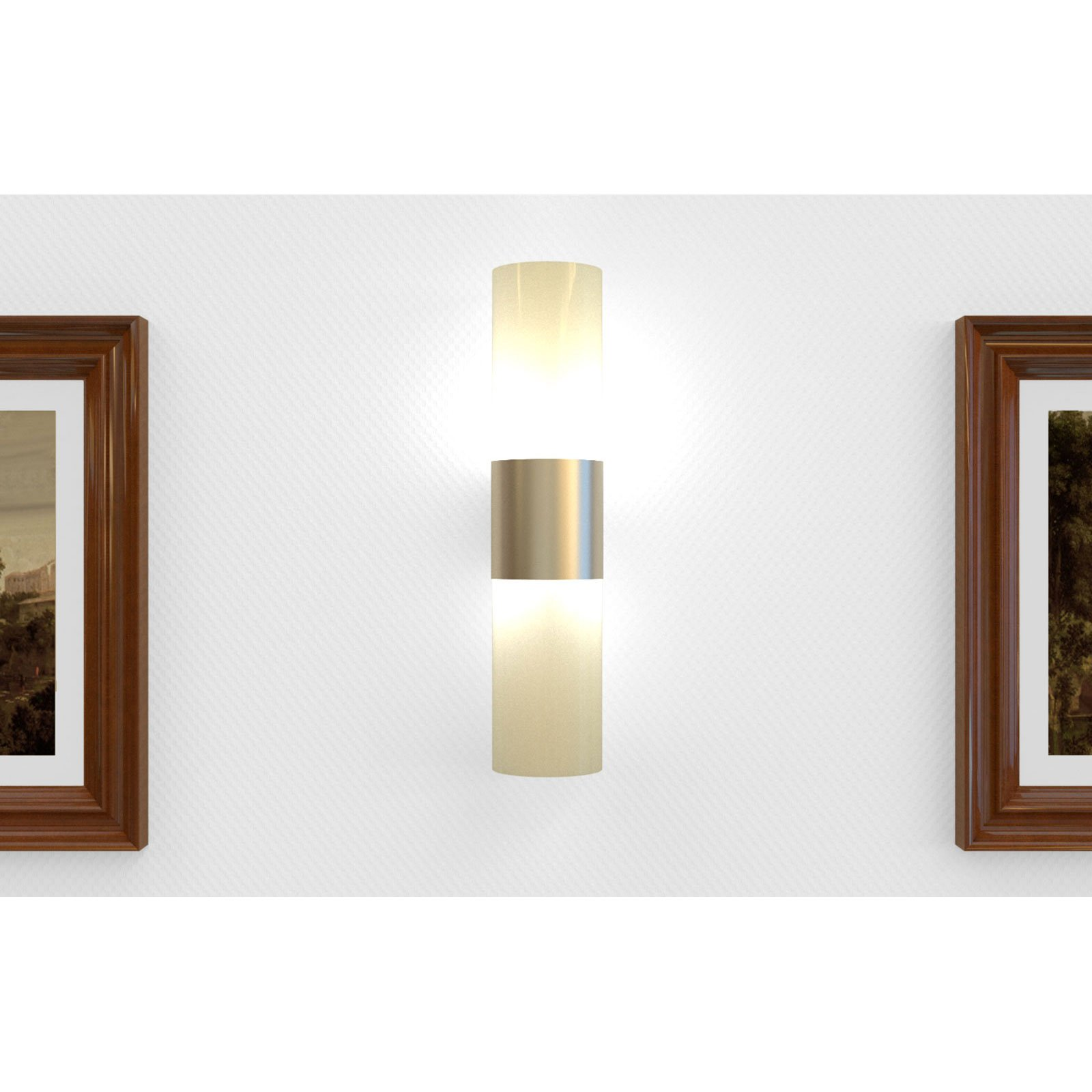 Eine Wand mit einer Lampe und zwei gerahmten Bildern. Die Lampe ist zentriert, mit goldener und weißer Oberfläche. Bilder an den Seiten.