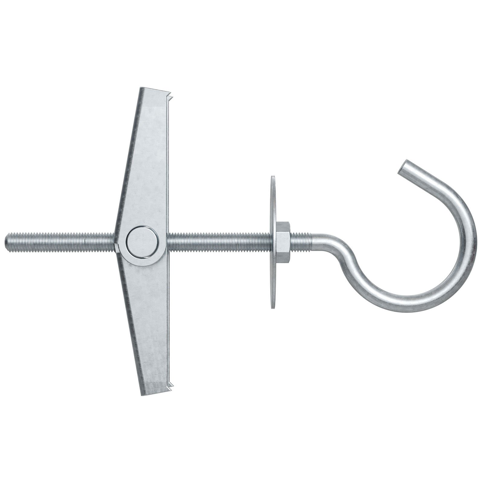 Ein Metall-Kippdübel mit flügelförmigem Teil, Gewindestange, Unterlegscheibe, Mutter und gebogenem Haken.