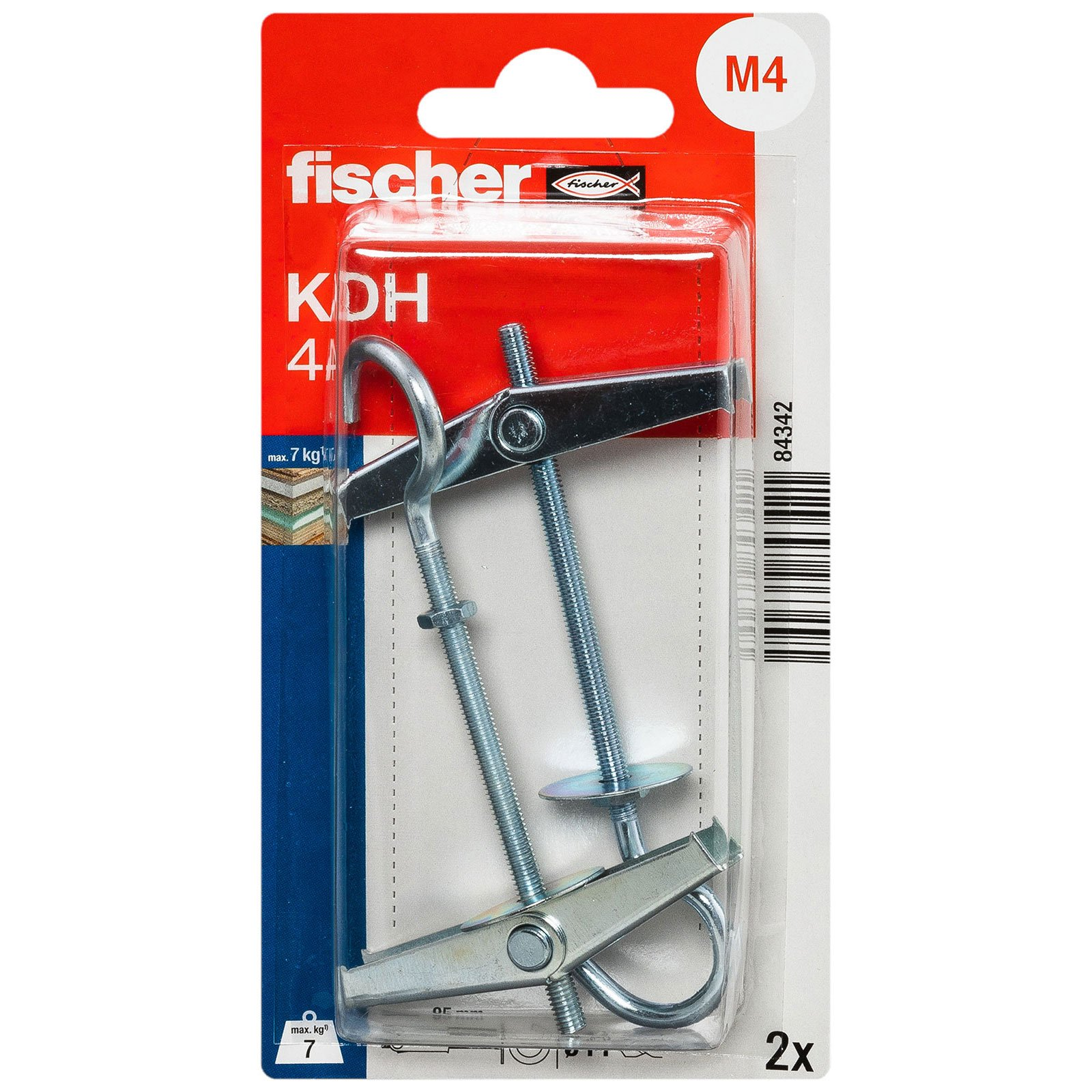 Packung mit zwei Metall-Fischer KDH 4 Kippdübeln. Die Packung ist rot und weiß, mit Produktinformationen und einem Haken.