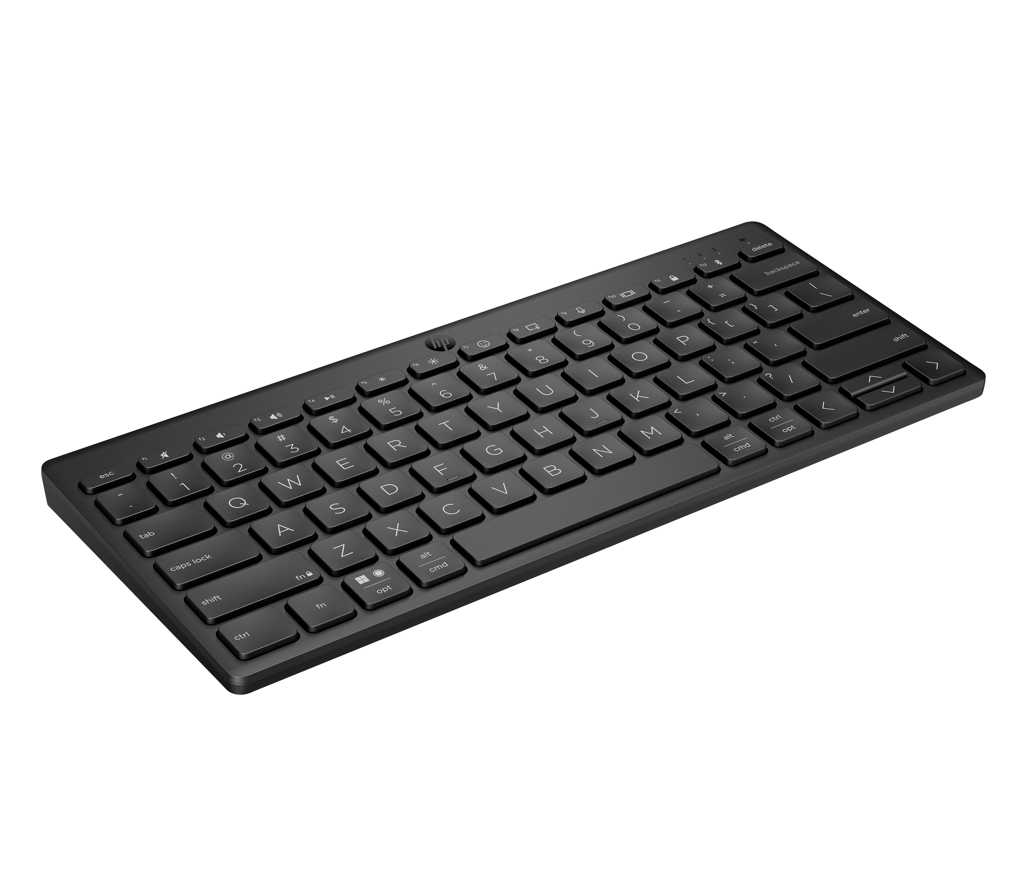 Teclado inalámbrico negro con letras y símbolos blancos. El teclado está sobre un fondo blanco.