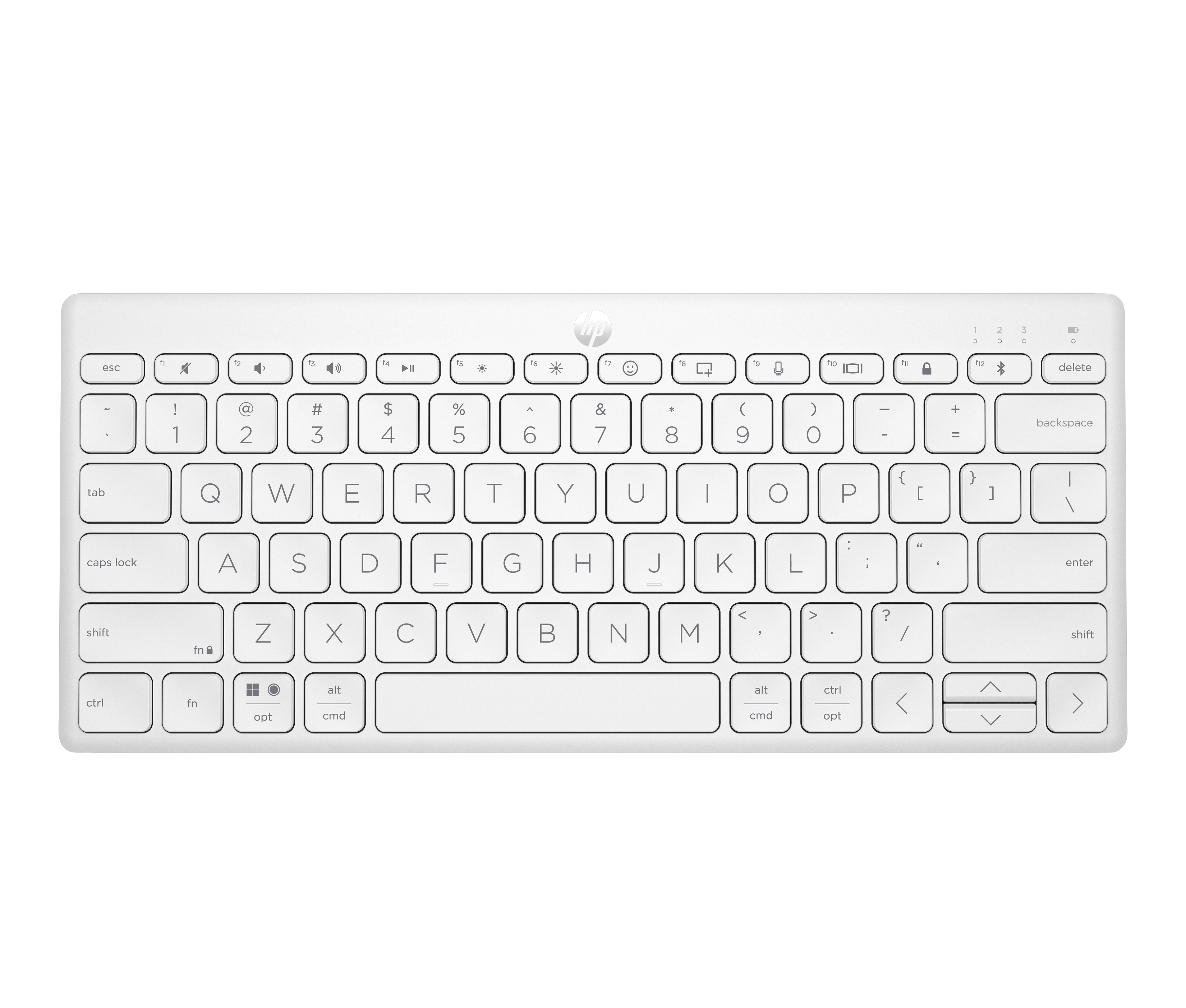 Tastiera wireless HP bianca con tasti lettere, numeri, simboli e funzioni. Logo HP al centro.