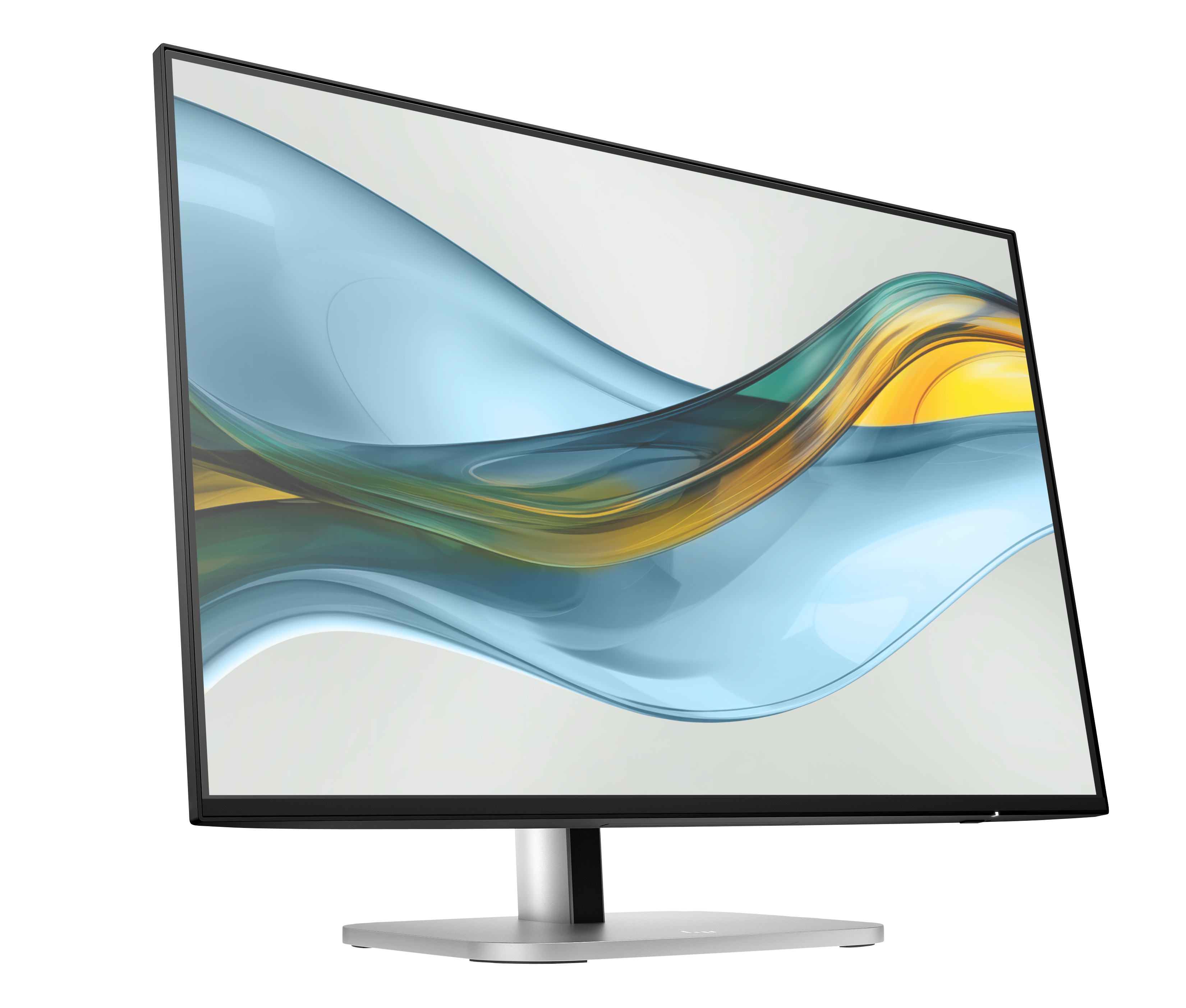 Un monitor muestra un diseño abstracto azul, amarillo y verde sobre un fondo blanco, montado en un soporte plateado.